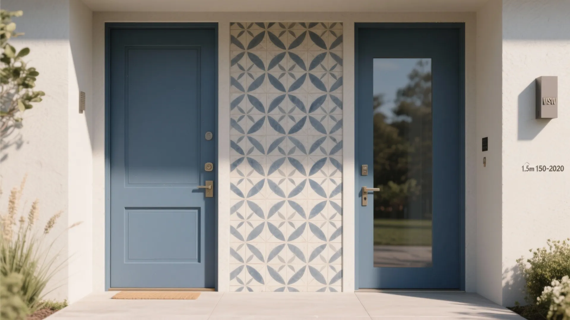 Modern entrance with two blue doors separated by a decorative blue and white pattern wall