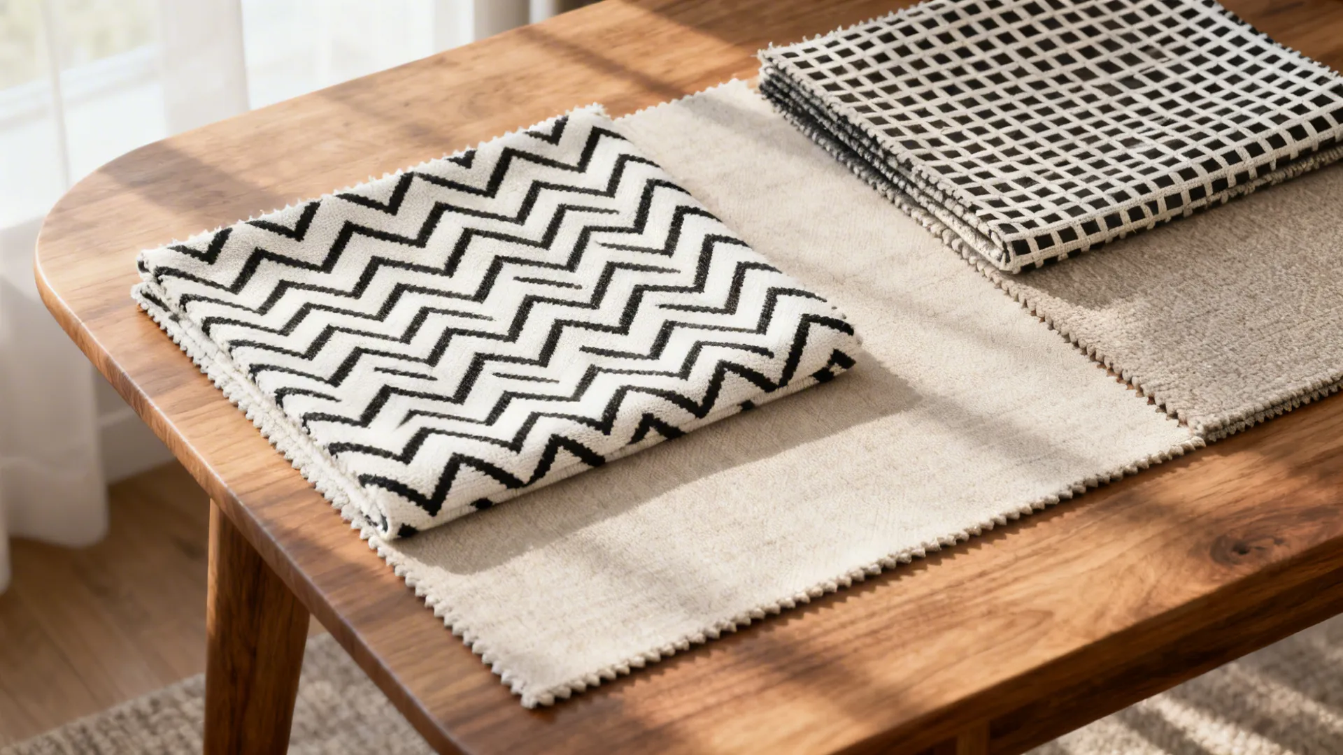 Flatlay of black-and-white geometric fabric samples and neutral swatches for curtain patterns