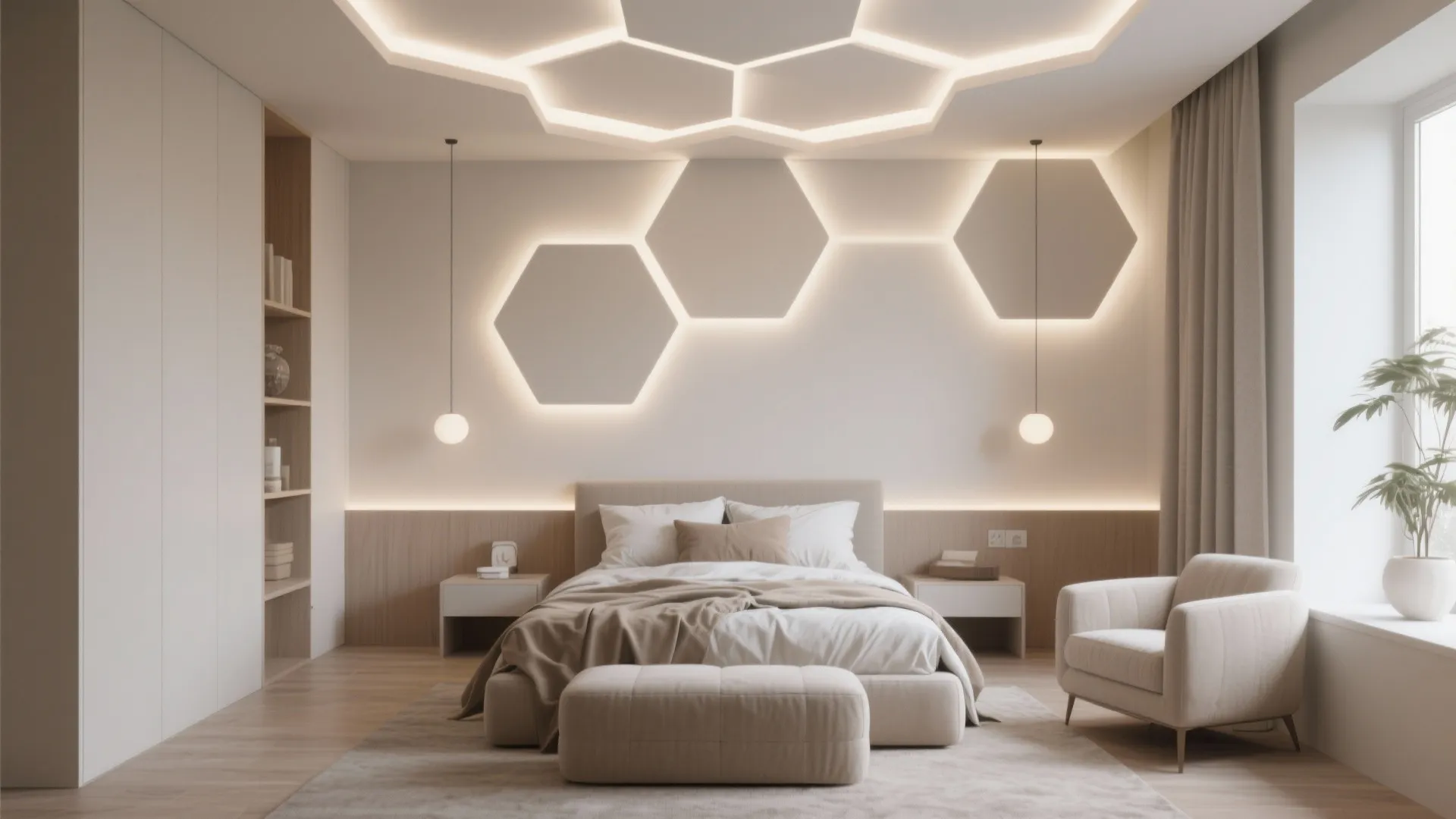 Modern bedroom with geometric honeycomb ceiling light design and soft warm lighting on the wall