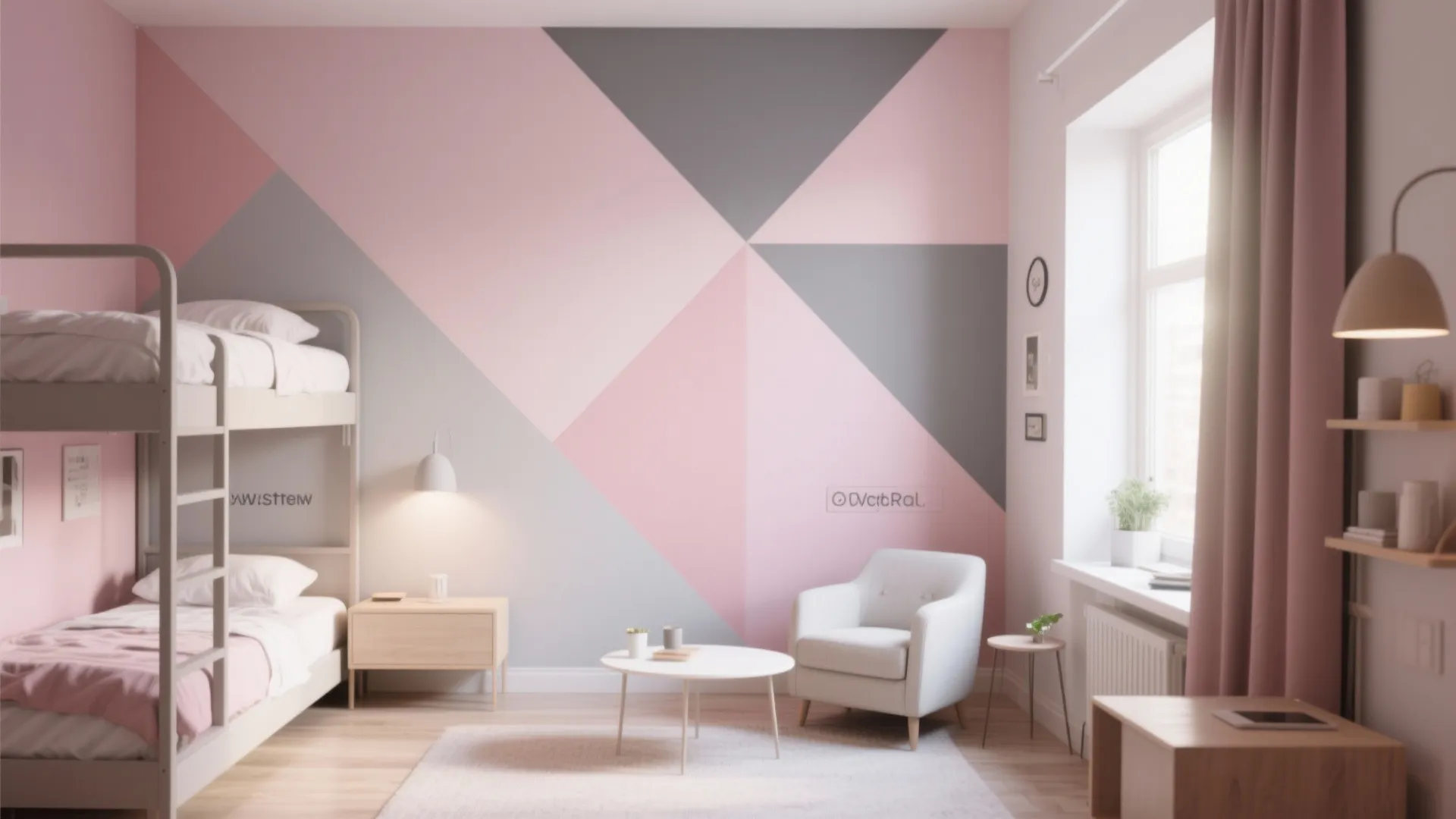 Modern bedroom with pink and grey geometric wall pattern bunk bed armchair and round coffee table