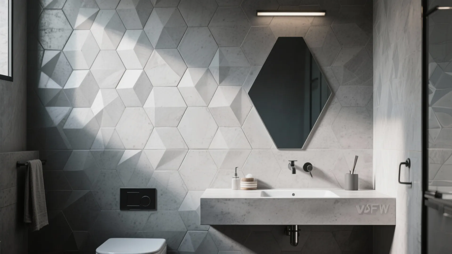 Geometric 3D cement-look tiles for feature walls