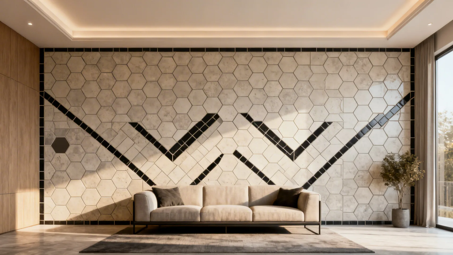Living room with a bold large-format geometric tile feature wall and dark grout