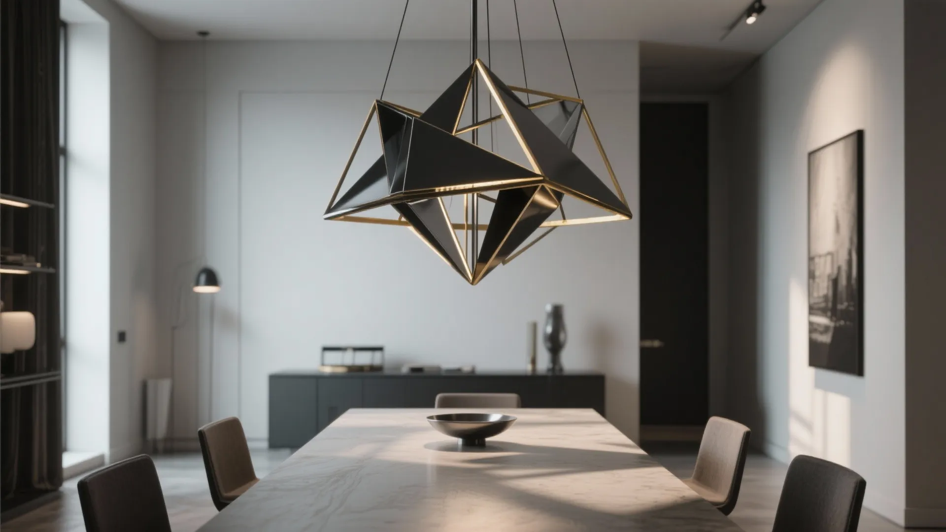 Dining room with a bold geometric metal chandelier creating architectural drama and a sculptural focal point.