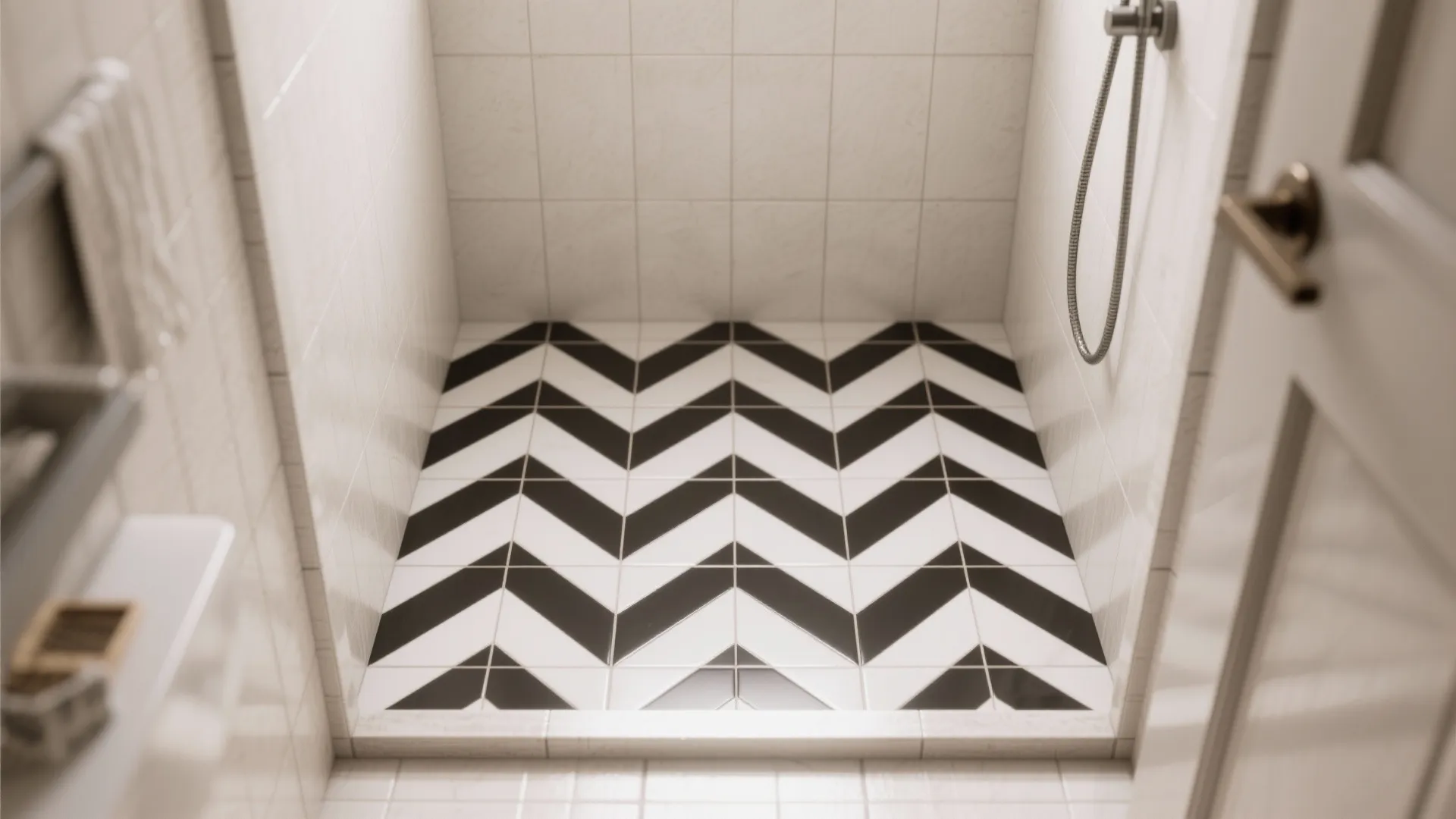 Modern bathroom shower area with bold black and white chevron pattern floor tiles and walls