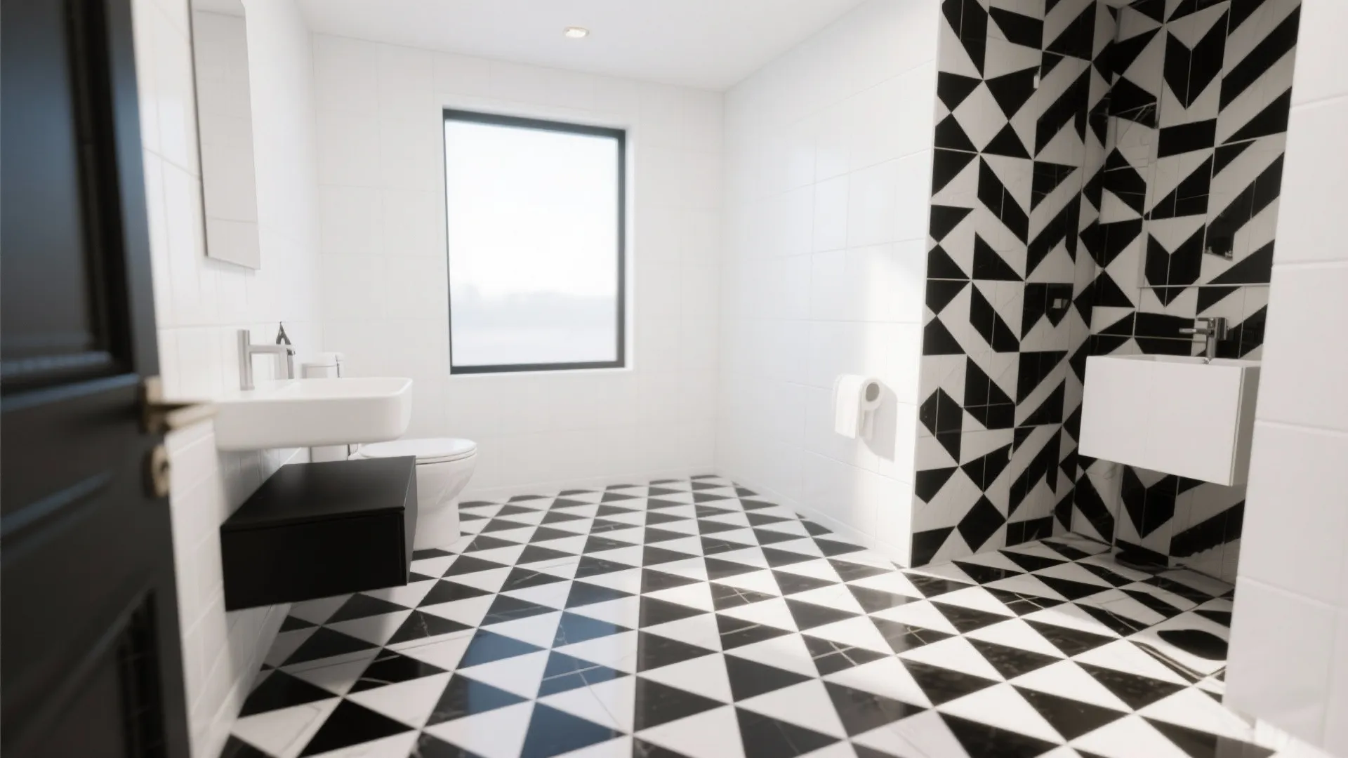 Bathroom with bold black and white geometric tiled floor