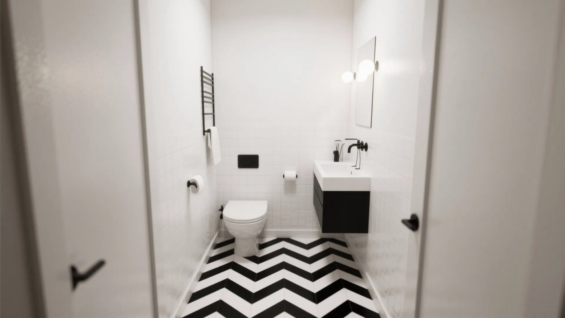 Modern white bathroom featuring black and white zigzag floor tiles with white toilet and sink