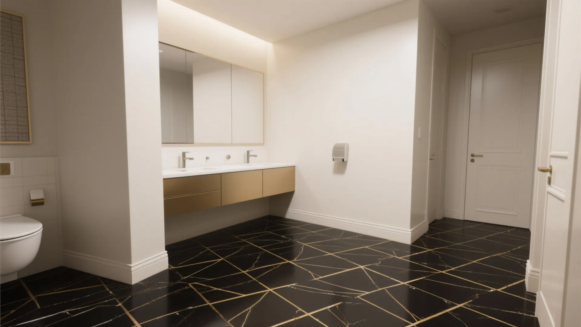Modern bathroom with white walls gold cabinet and black marble floor featuring geometric gold patterns