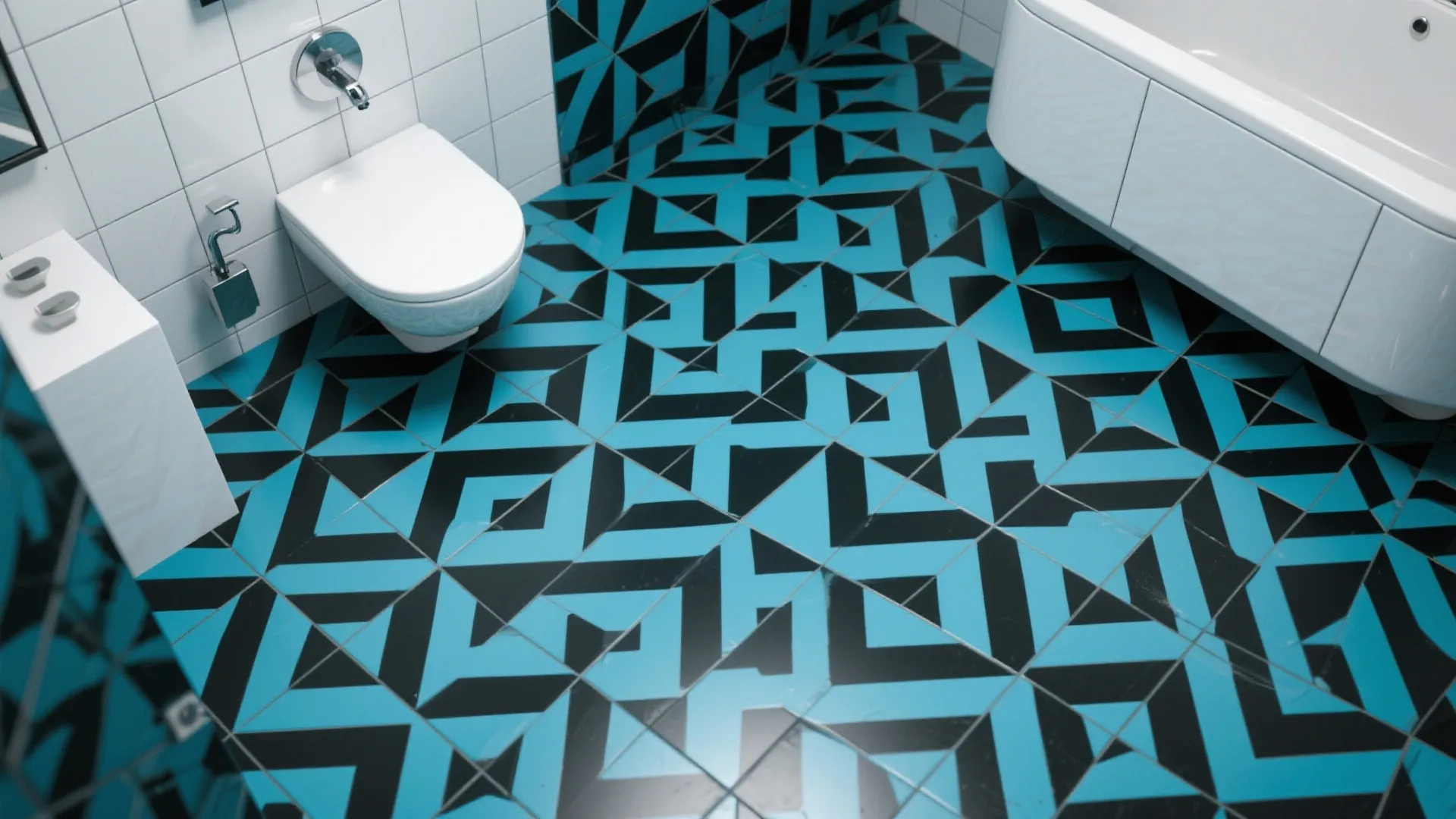 Modern bathroom featuring blue and black geometric floor tiles with white toilet and white bathtub