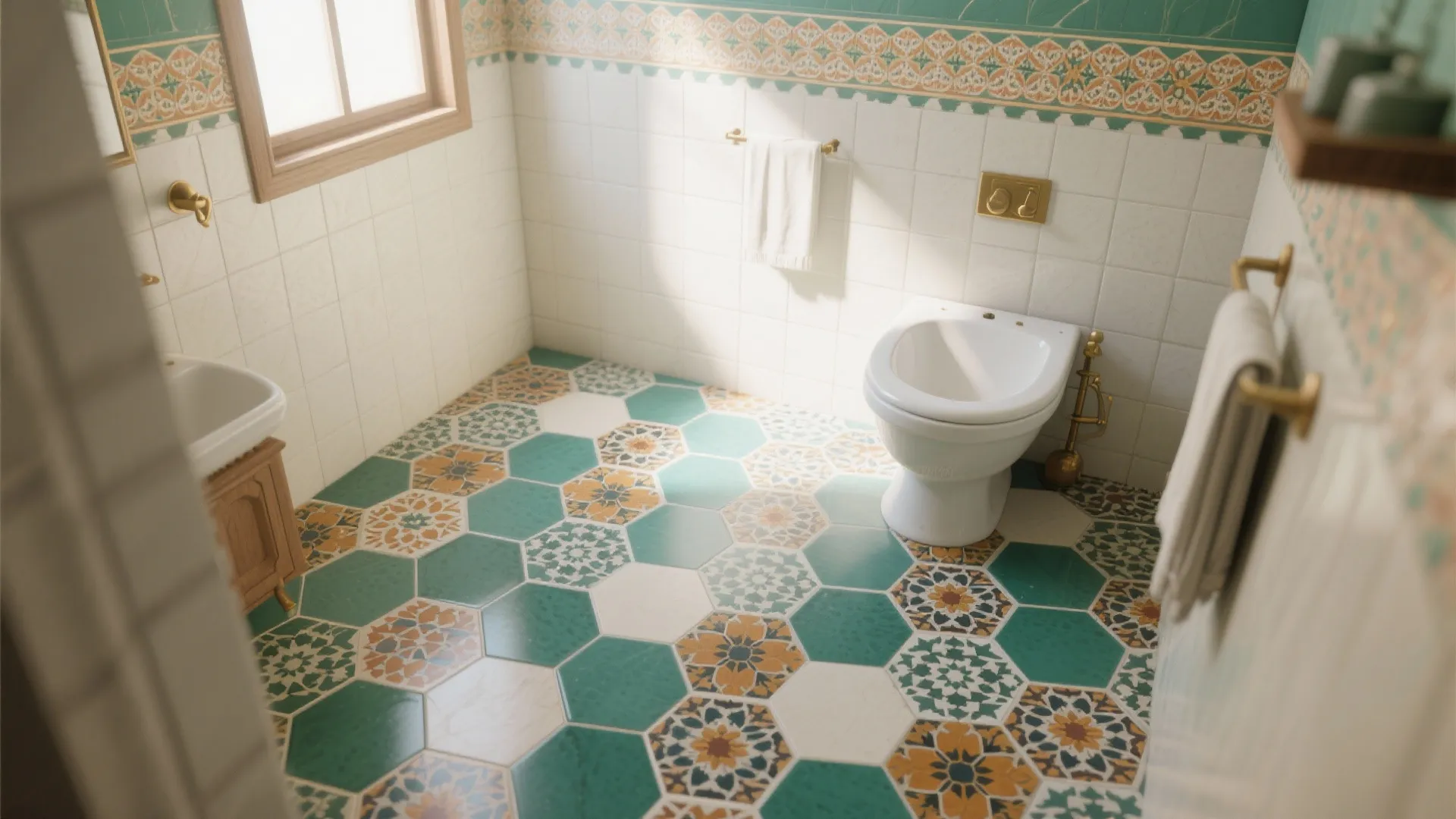 Bathroom interior with green and yellow pattern floor tiles white wall tiles and white toilet