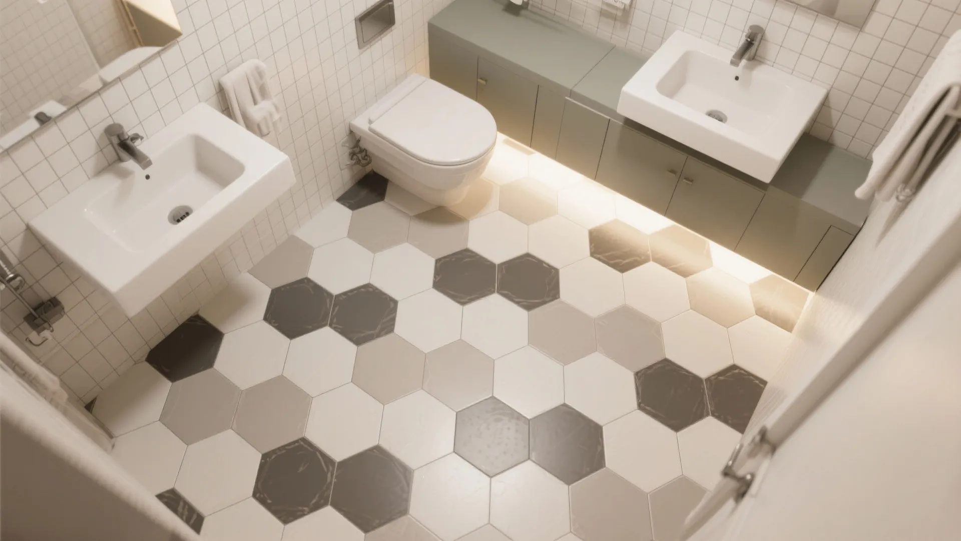 Modern bathroom featuring hexagon floor tiles with white sinks a toilet and a green cabinet