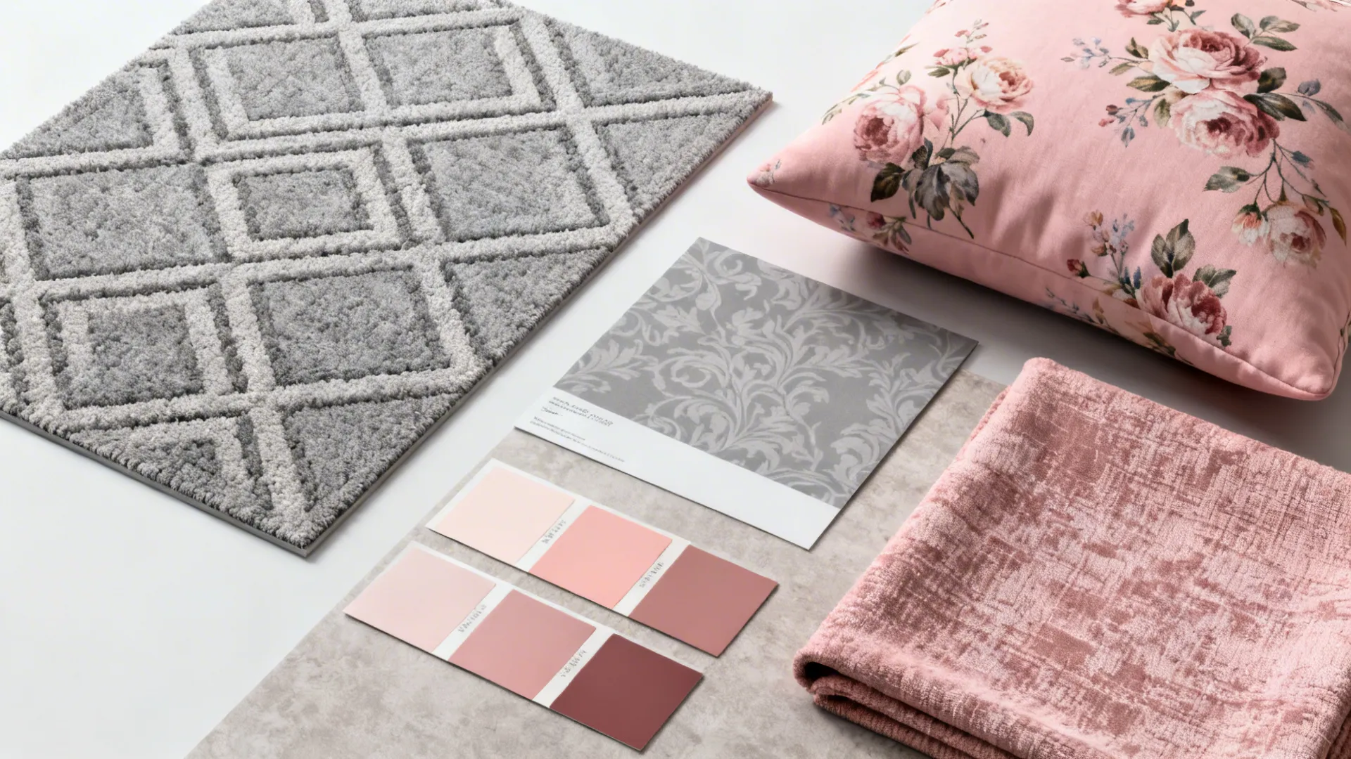 Flatlay of geometric grey samples with floral pink fabrics and color chips for a pattern-mixed scheme.