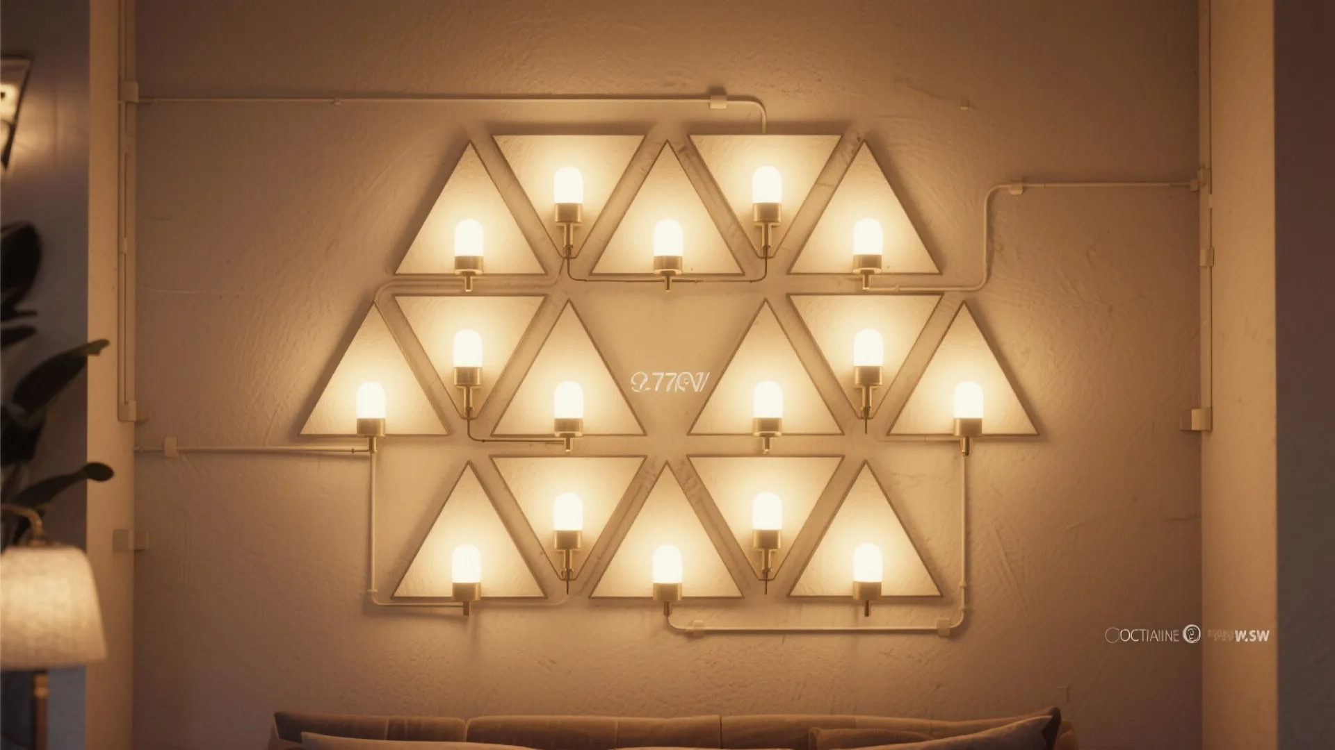 Close up of a wall featuring many glowing triangle light fixtures arranged in geometric pattern