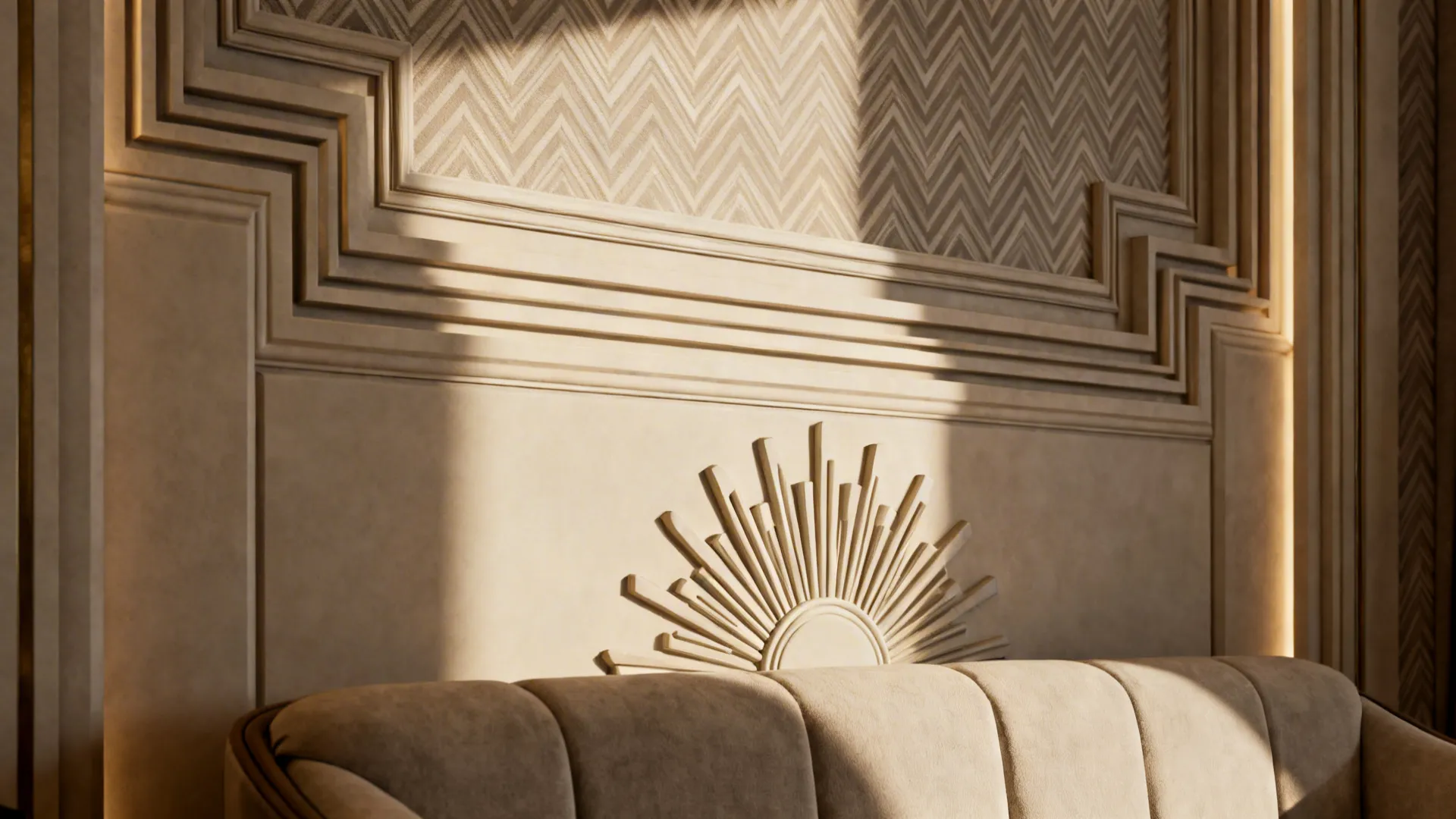Layered geometric focal wall with stepped molding and chevron wallpaper detail.