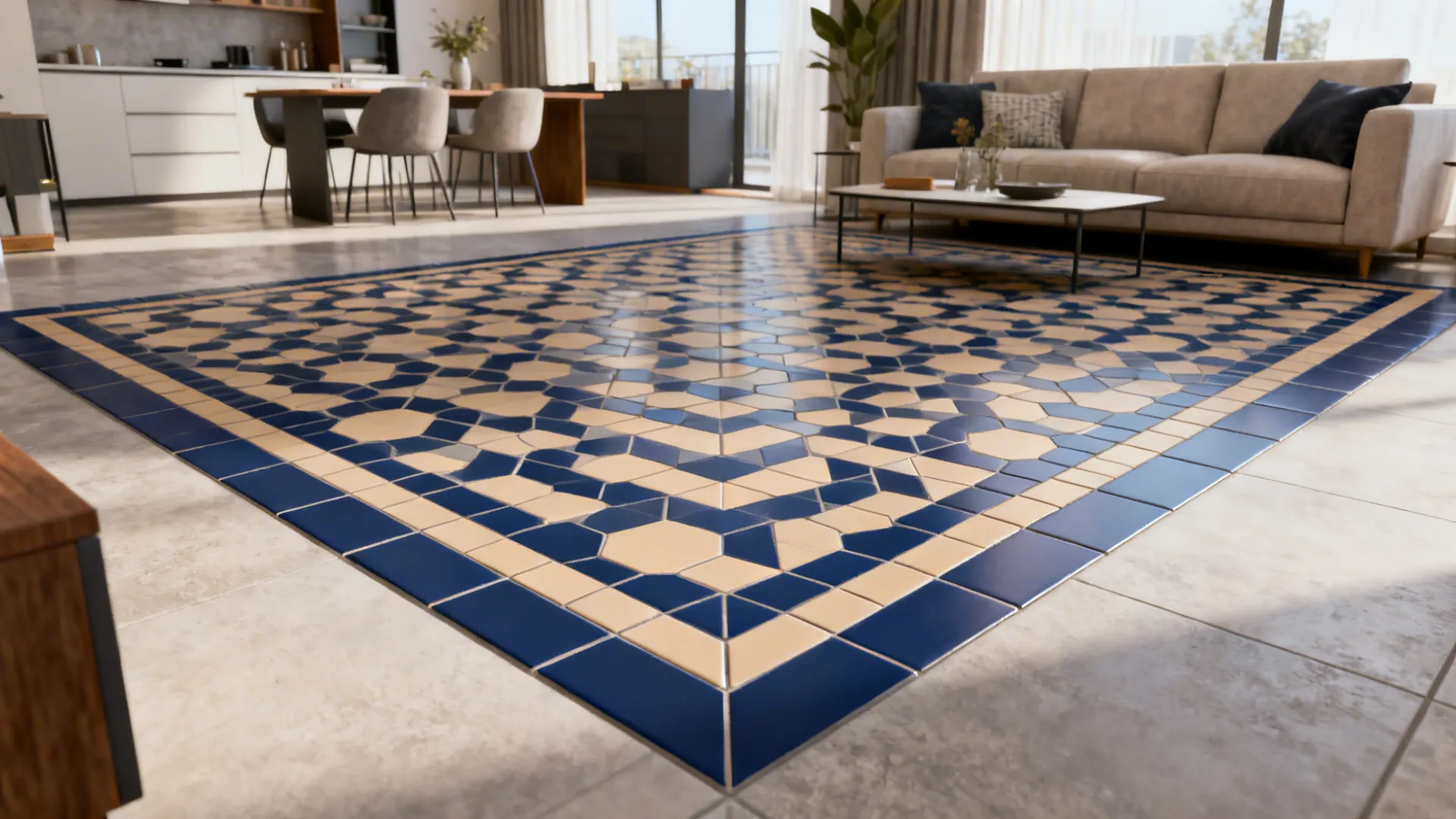 Living room floor featuring a blue and beige geometric tile pattern in the center room