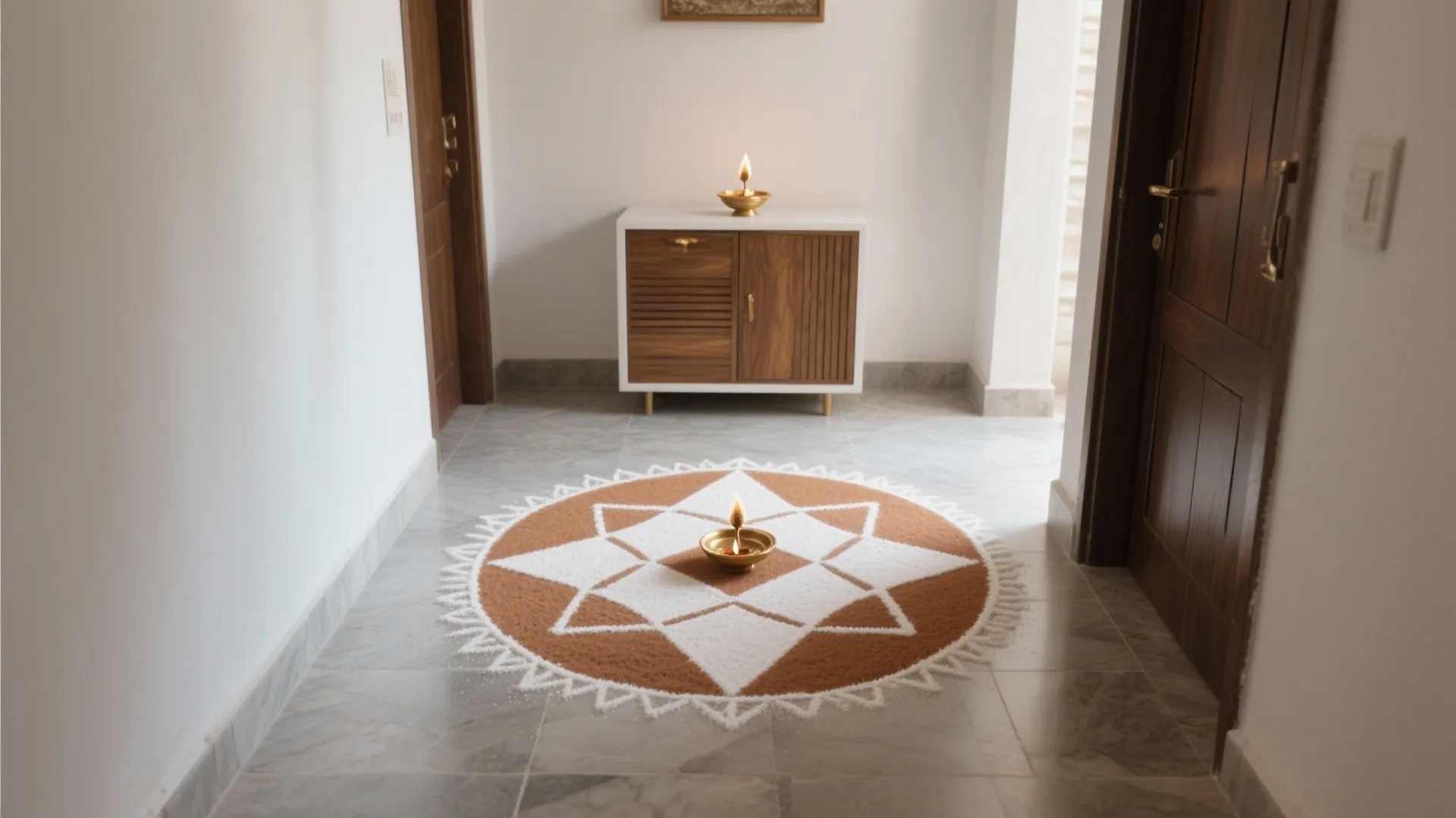 Traditional star pattern on marble floor with small lit lamp in middle of a hallway