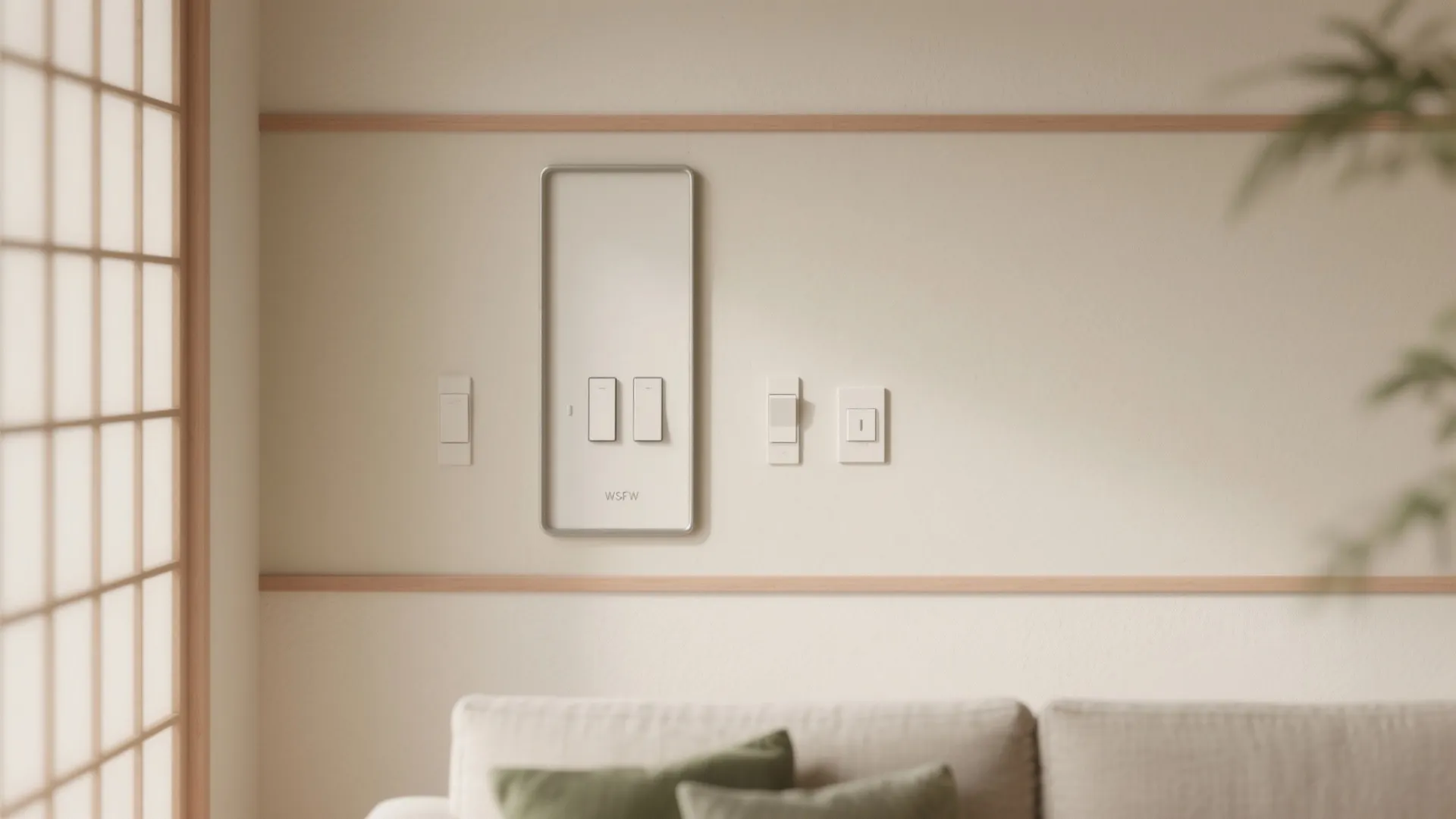 Modern wall switches arranged in a vertical panel above a sofa in a bright room