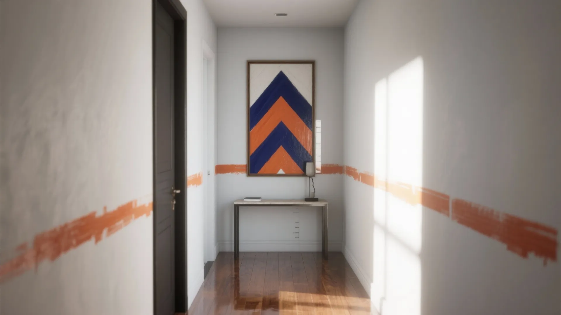 Modern hallway featuring white walls with orange stripes, dark door, wooden floor, and framed art