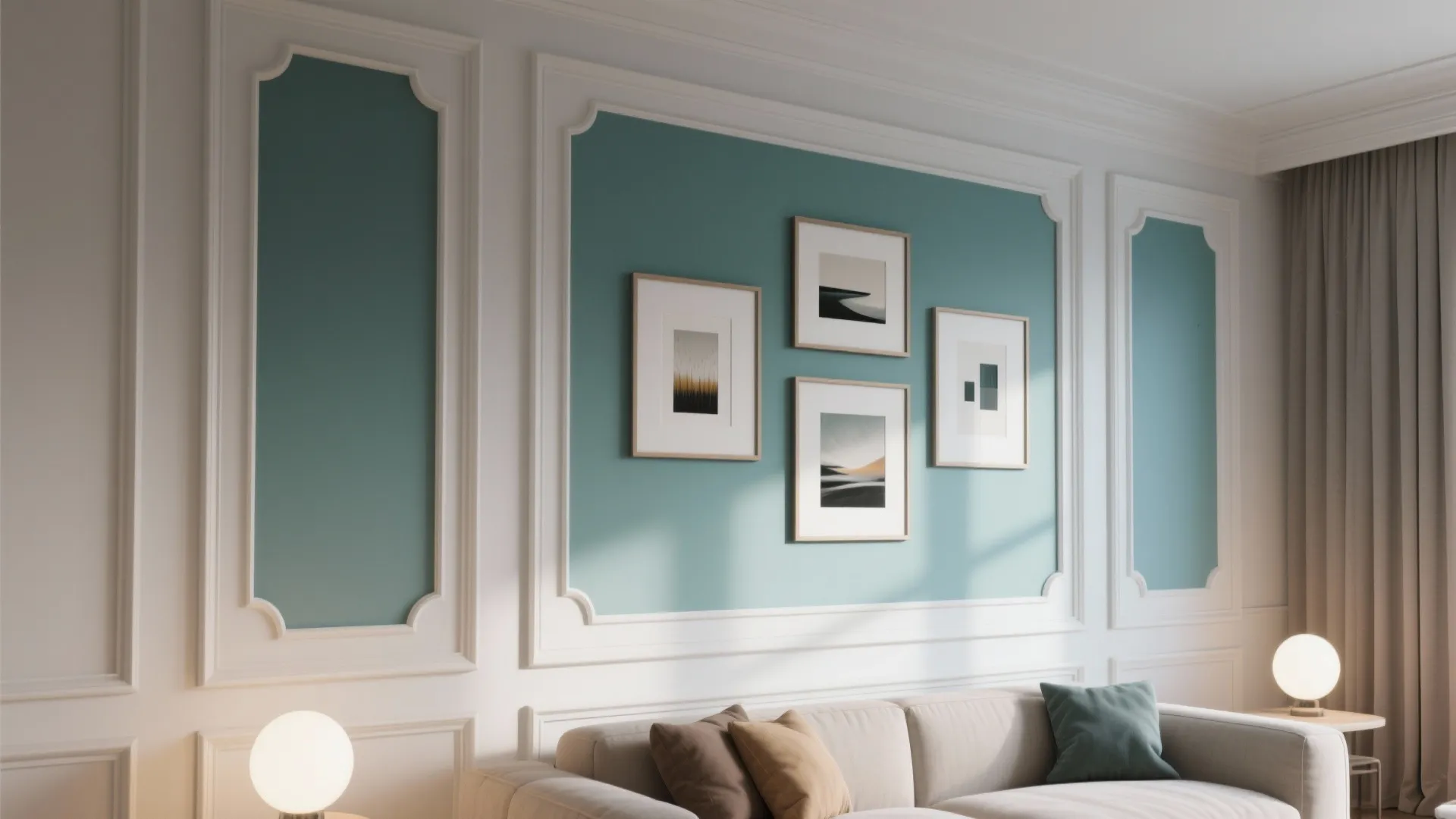 Living room wall with bold square moulding frames serving as art display.