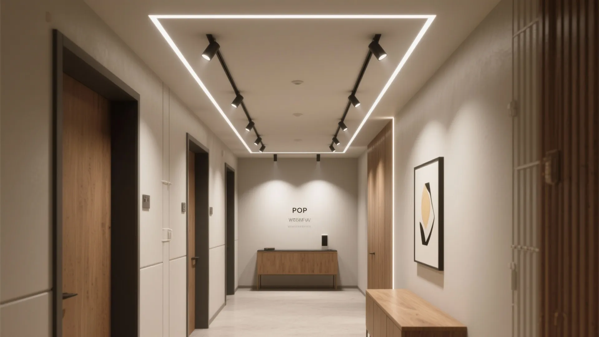 Modern hallway featuring black track lights and a square light fixture on the white ceiling