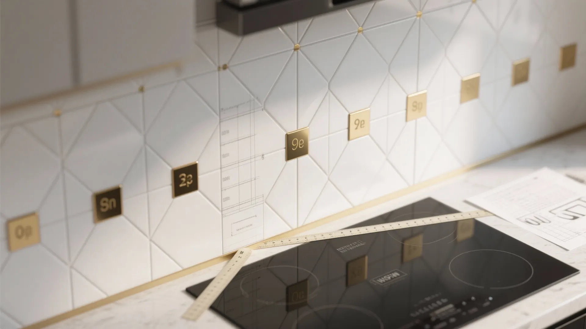Kitchen backsplash with white geometric tiles and gold square accents near a black stove top
