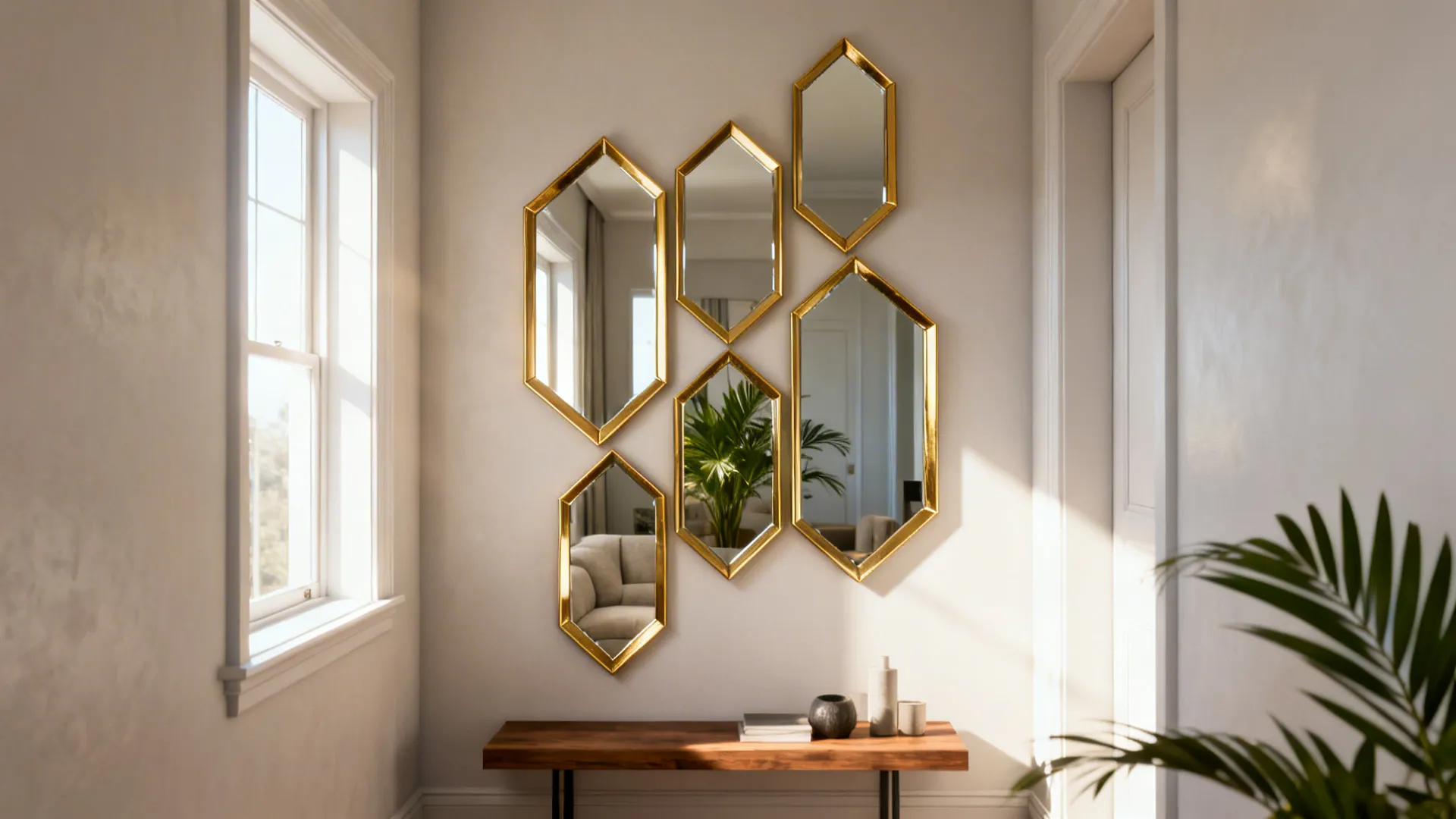 Geometric gold-trim mirrors on a narrow living room wall reflecting a plant and window light to create depth.