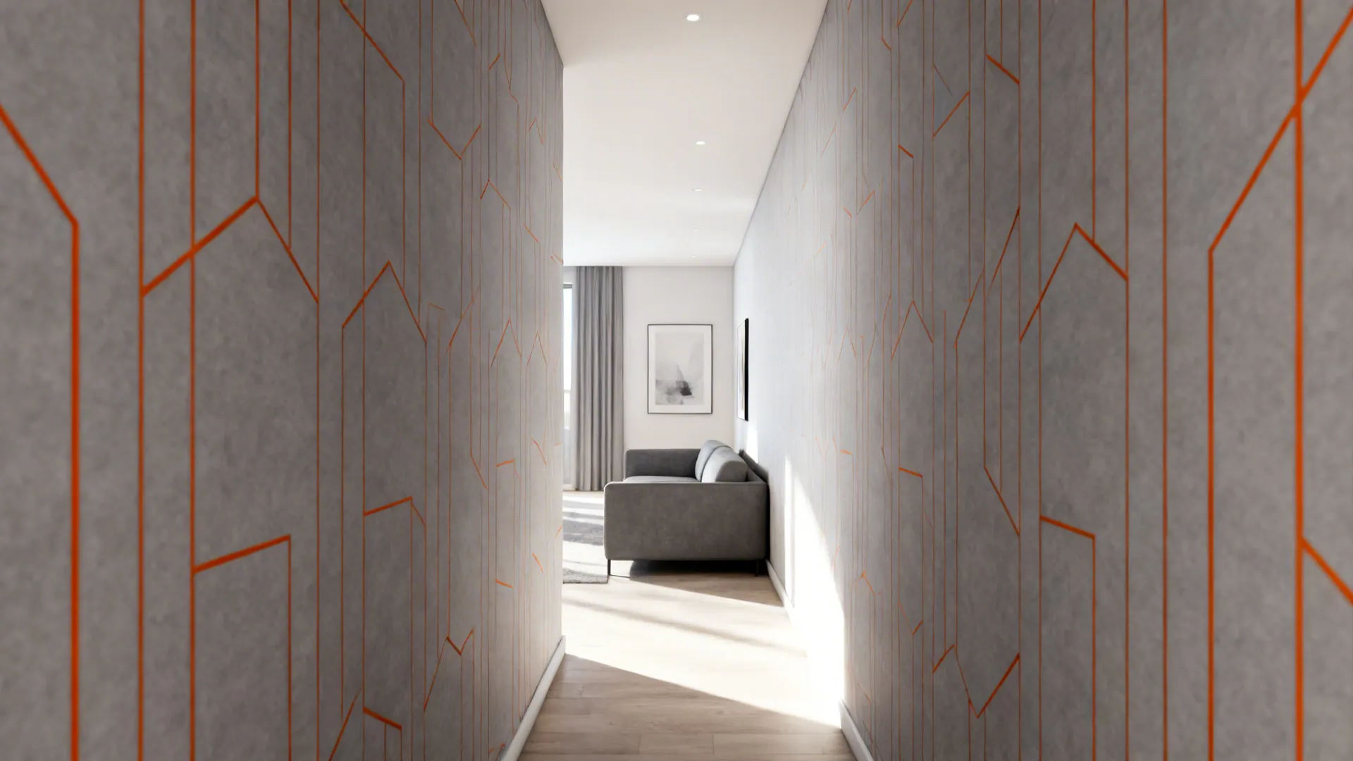 Narrow hallway with grey geometric wallpaper and orange lines leading to a living room sofa