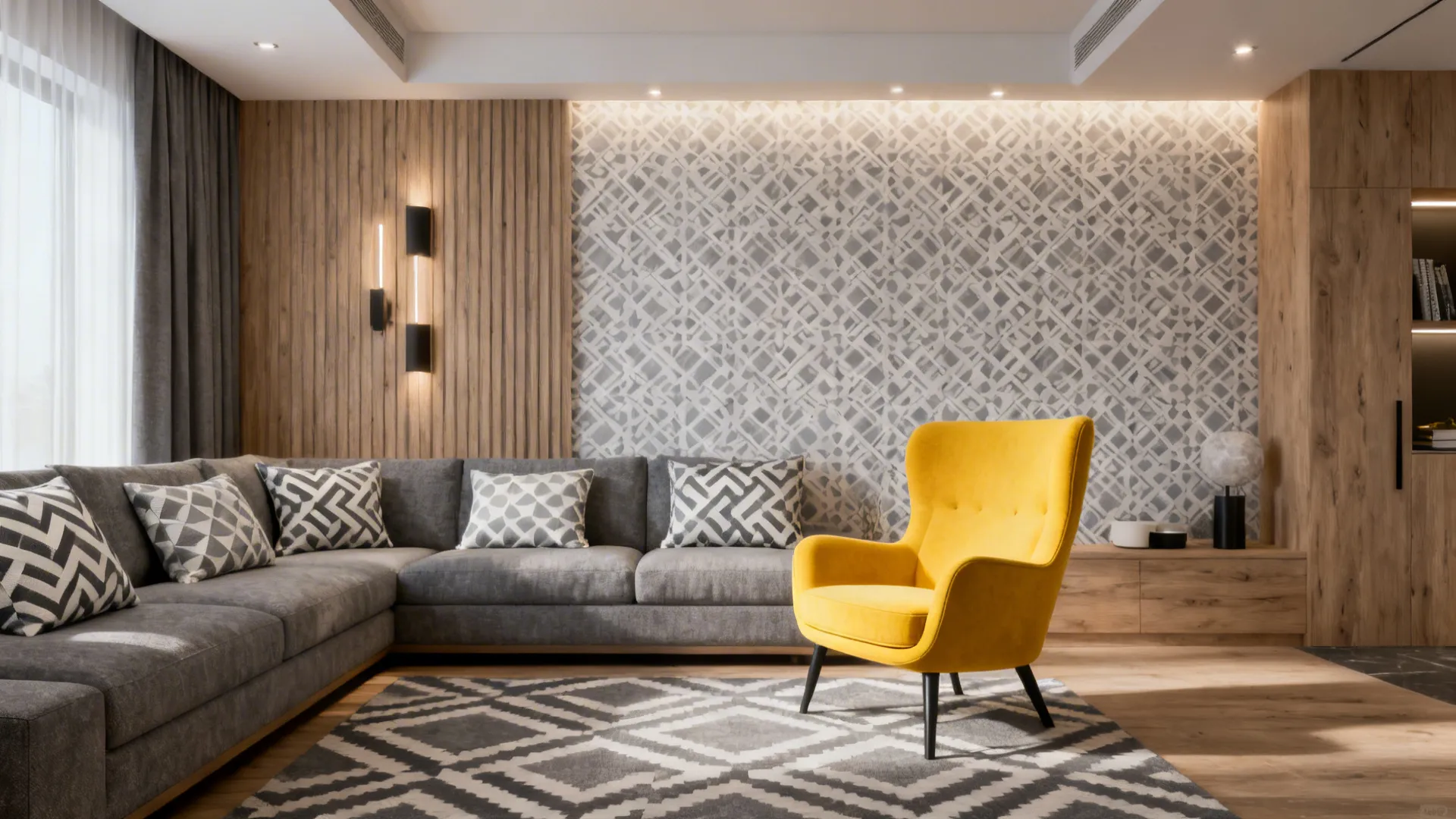 Contemporary room with gray and white geometric patterns and a sunny-yellow side chair.