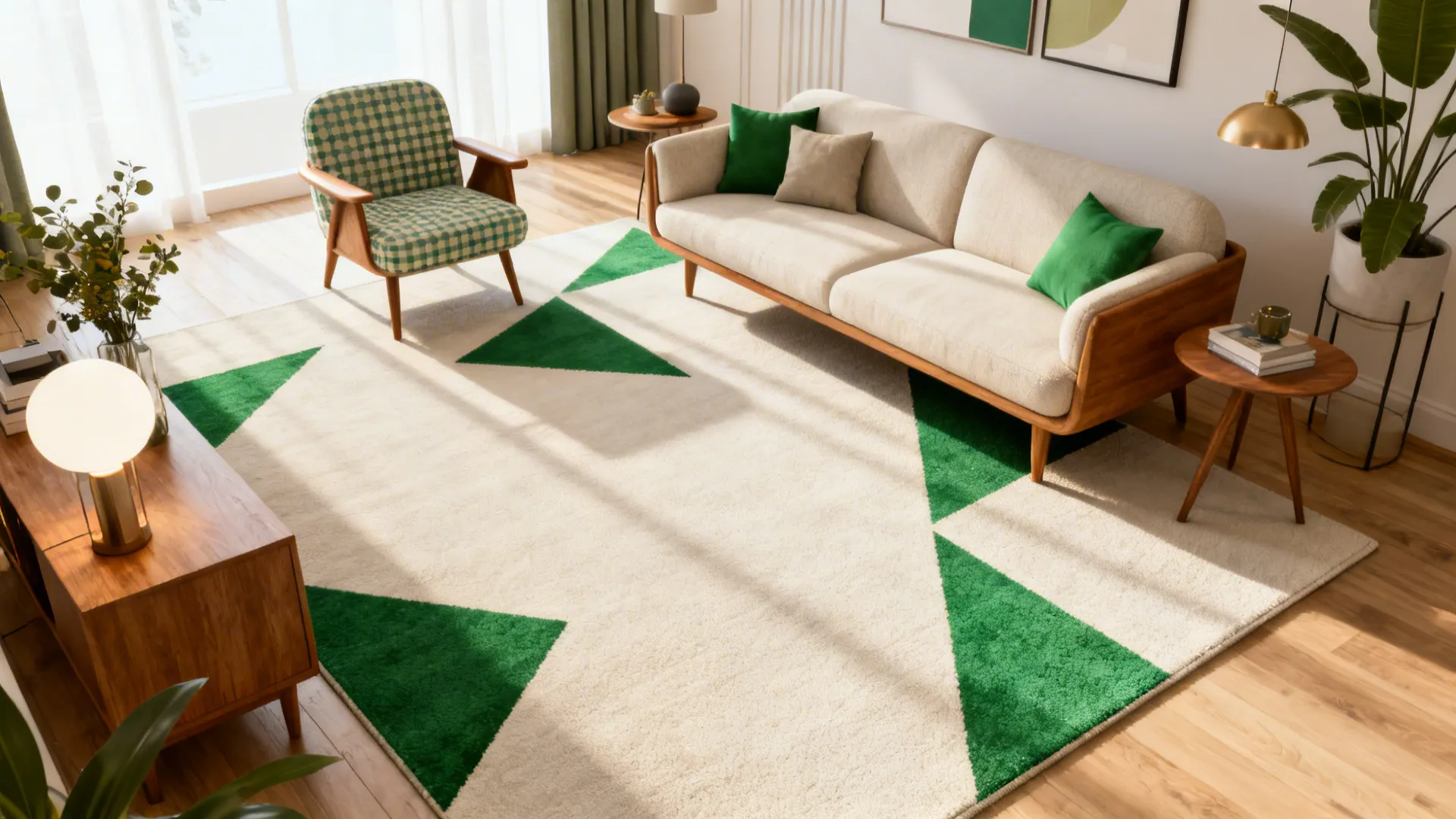 Modern living room with a geometric rug featuring green accents and mid-century furniture.