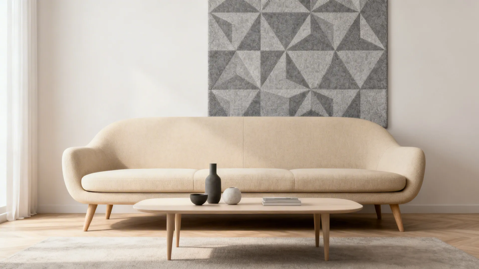 Living room with grey geometric pattern paired with a plain beige sofa for balanced rhythm.