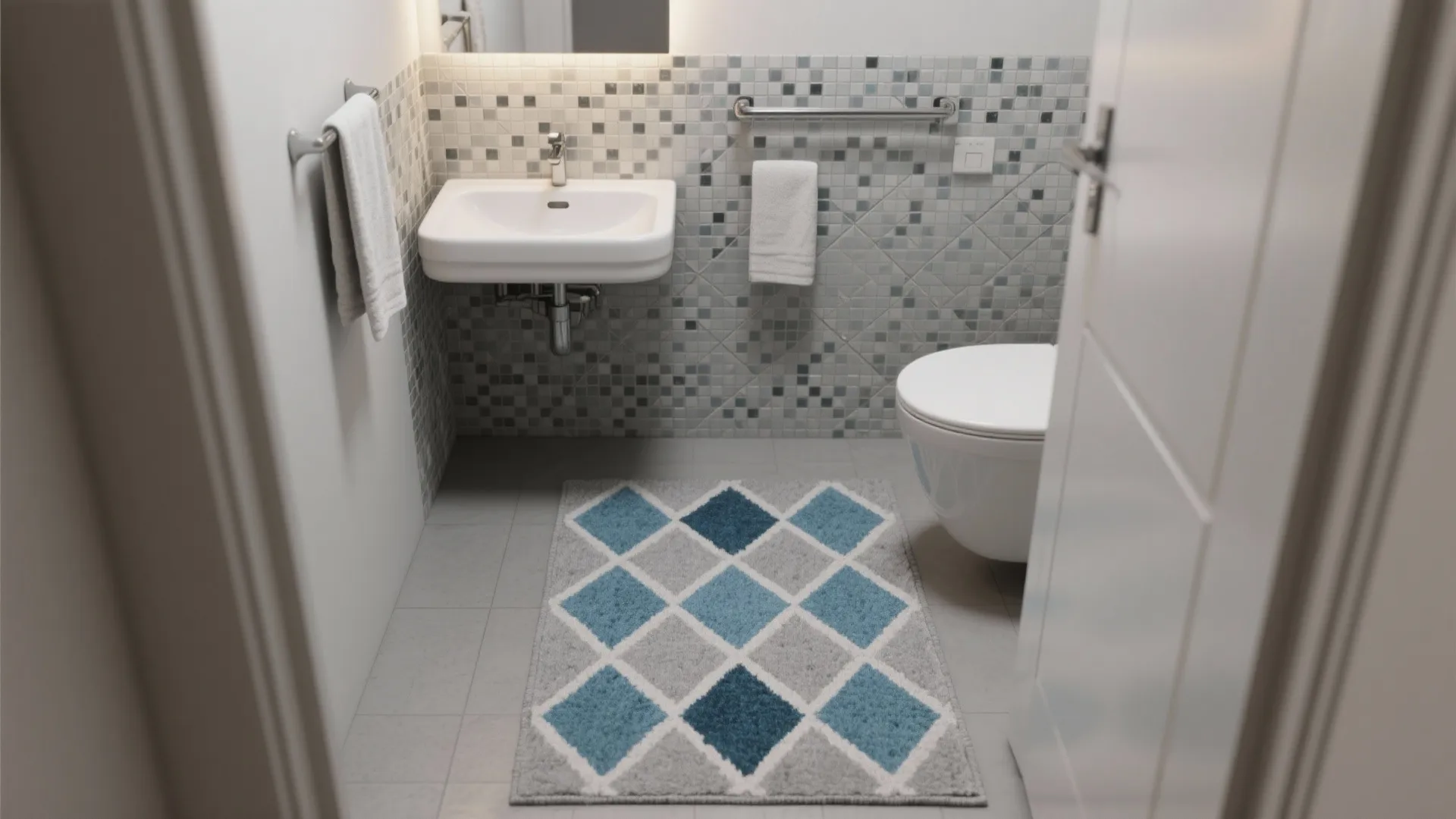 Small white bathroom showing wall sink toilet mosaic tiles and blue grey geometric diamond rug