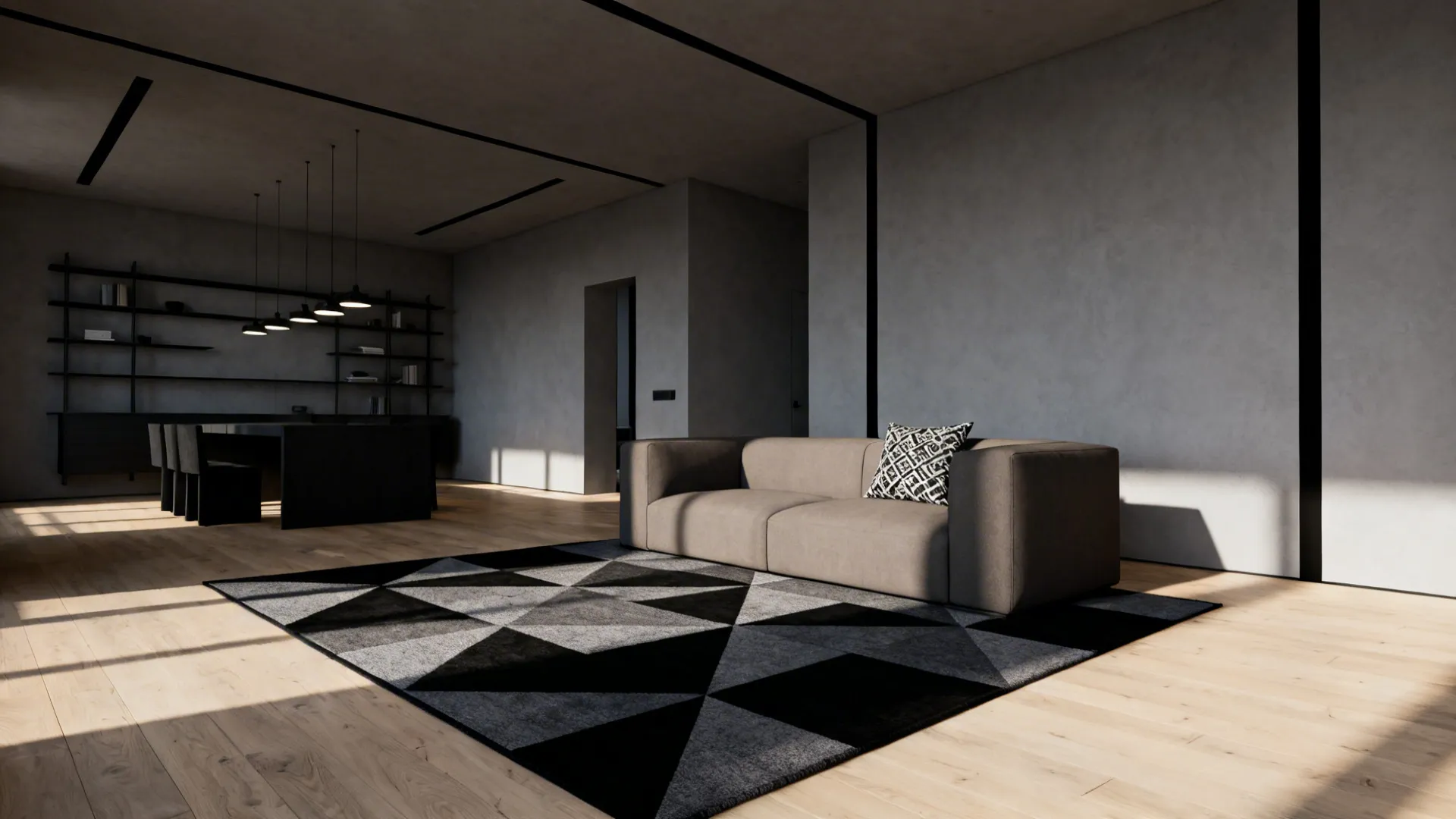 Open-plan living space with a black-and-grey geometric rug defining the seating area.