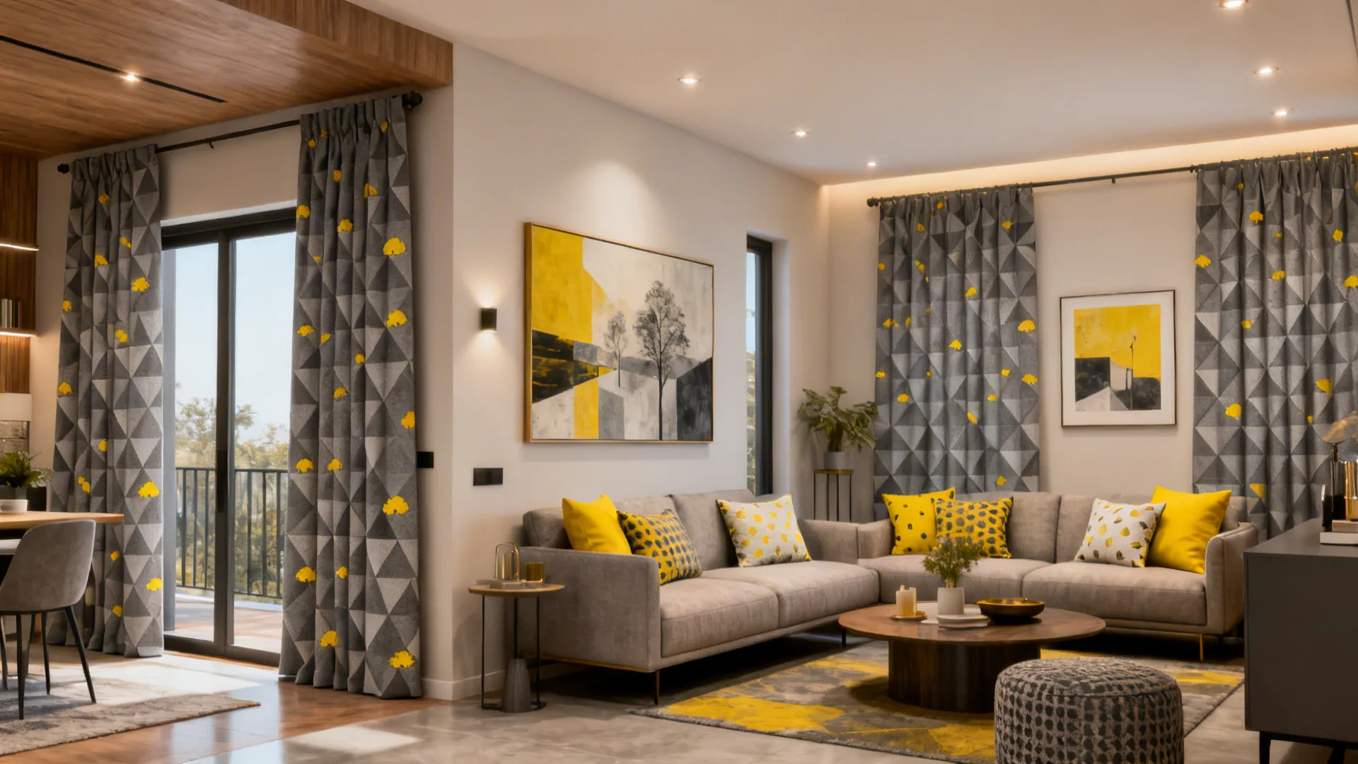 Open-plan living space with geometric grey curtains accented by yellow motifs and matching cushions.