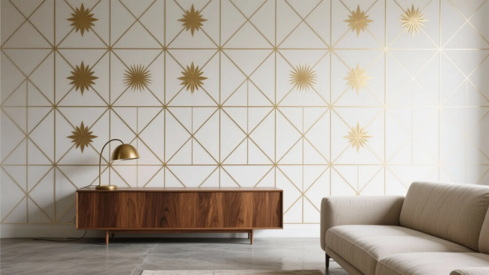 Modern living room featuring gold geometric star pattern wall wooden cabinet table lamp and sofa
