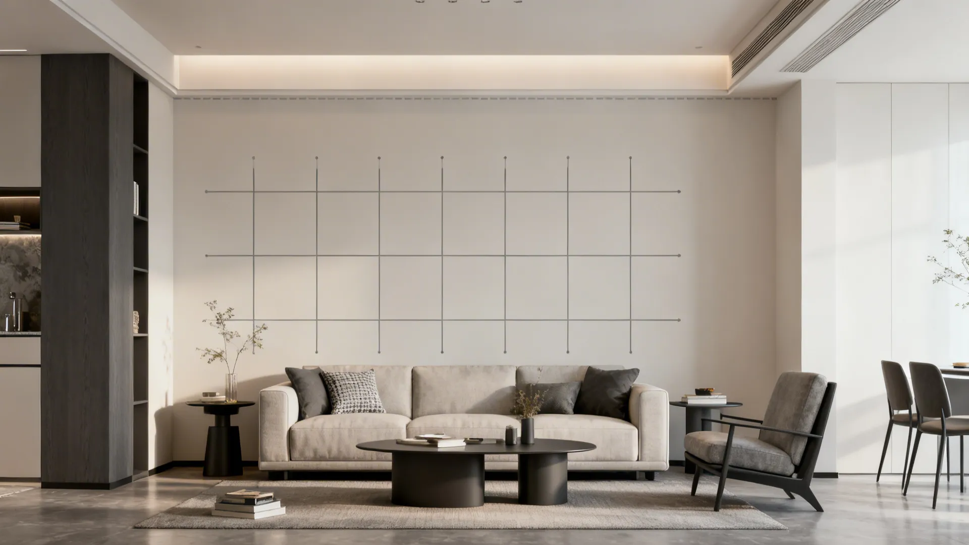 Small living room with a subtle warm-gray grid decal behind the sofa for structure and cohesion.