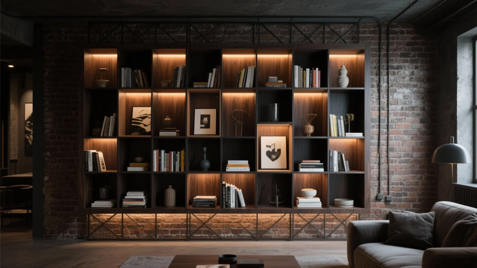 Dark wood grid cabinet with light fixture display against a brick wall in industrial room