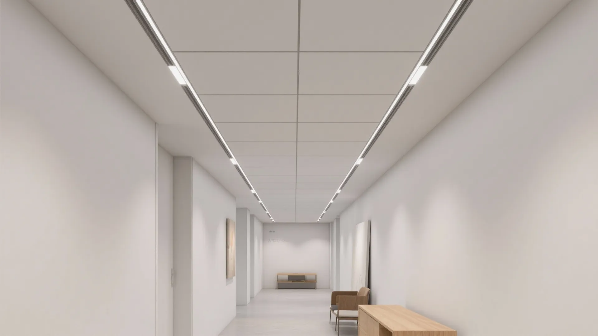 Modern hall with POP geometric grid ceiling and thin recessed grooves aligned to furniture.