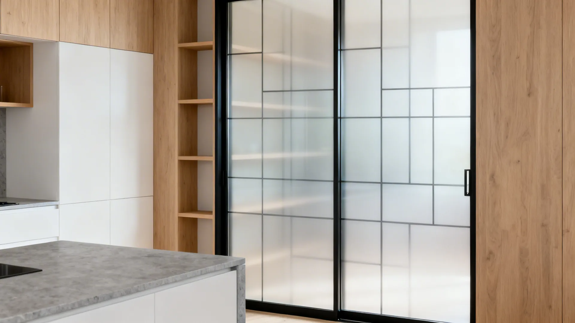 Modern kitchen featuring white and wood cabinets with black grid sliding frosted glass closet doors