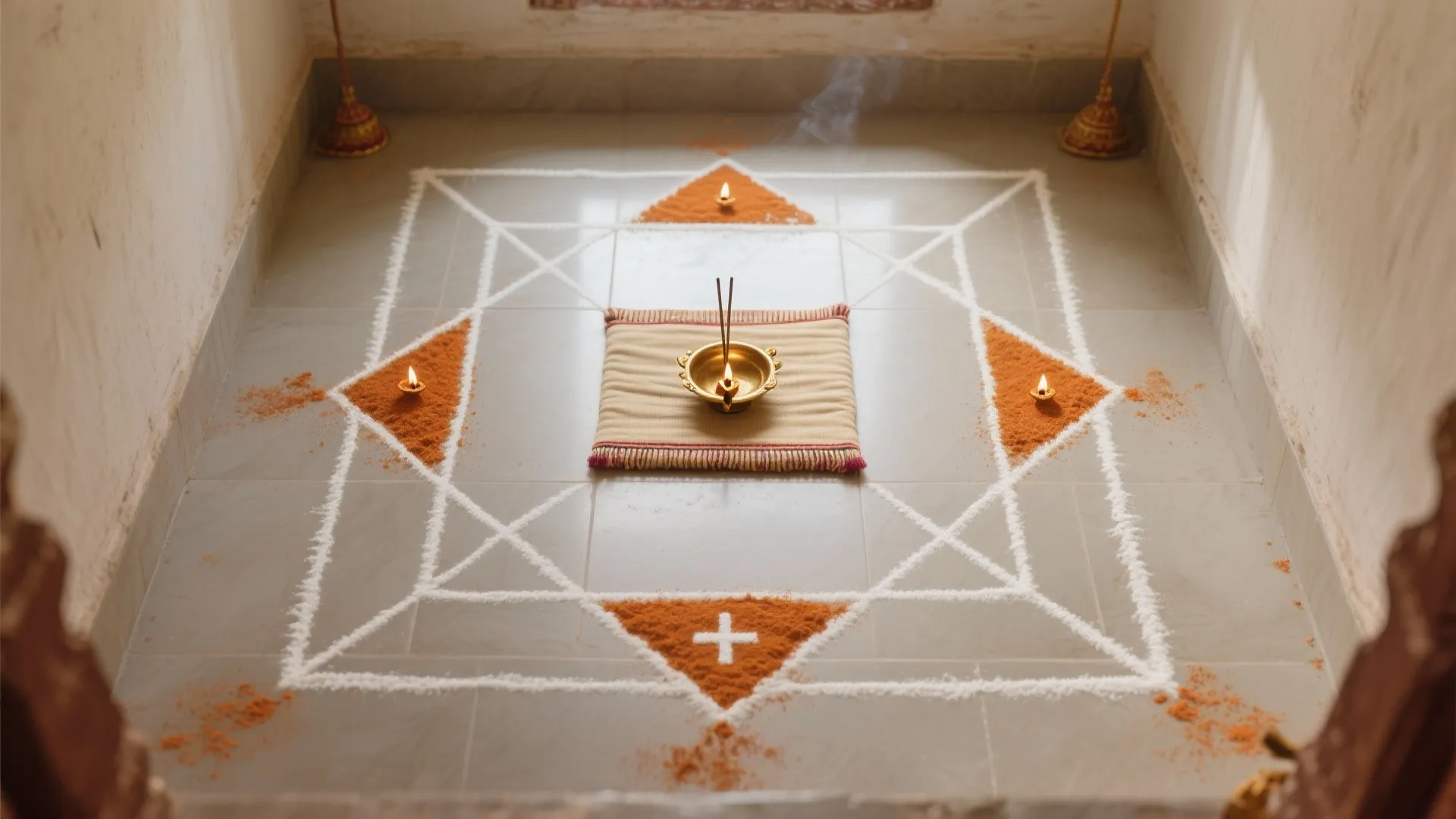 Top-down view of a geometric grid rangoli aligned with a small pooja setup.