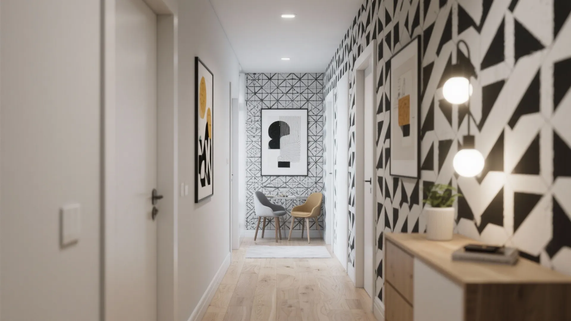 Modern hallway with geometric black and white wallpaper wooden floors two chairs and wall light