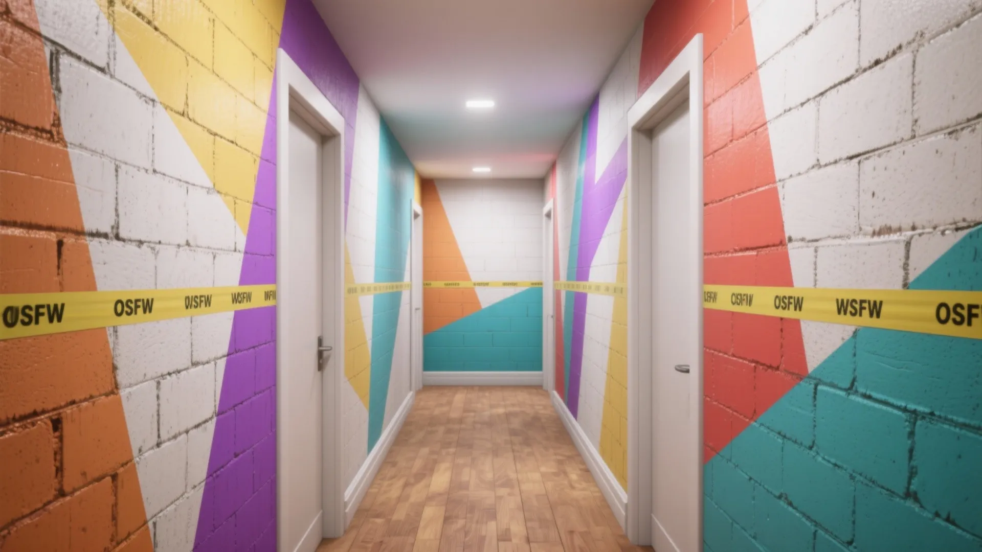 Bright hallway with colorful geometric wall designs, white doors, wood flooring, and recessed ceiling lights