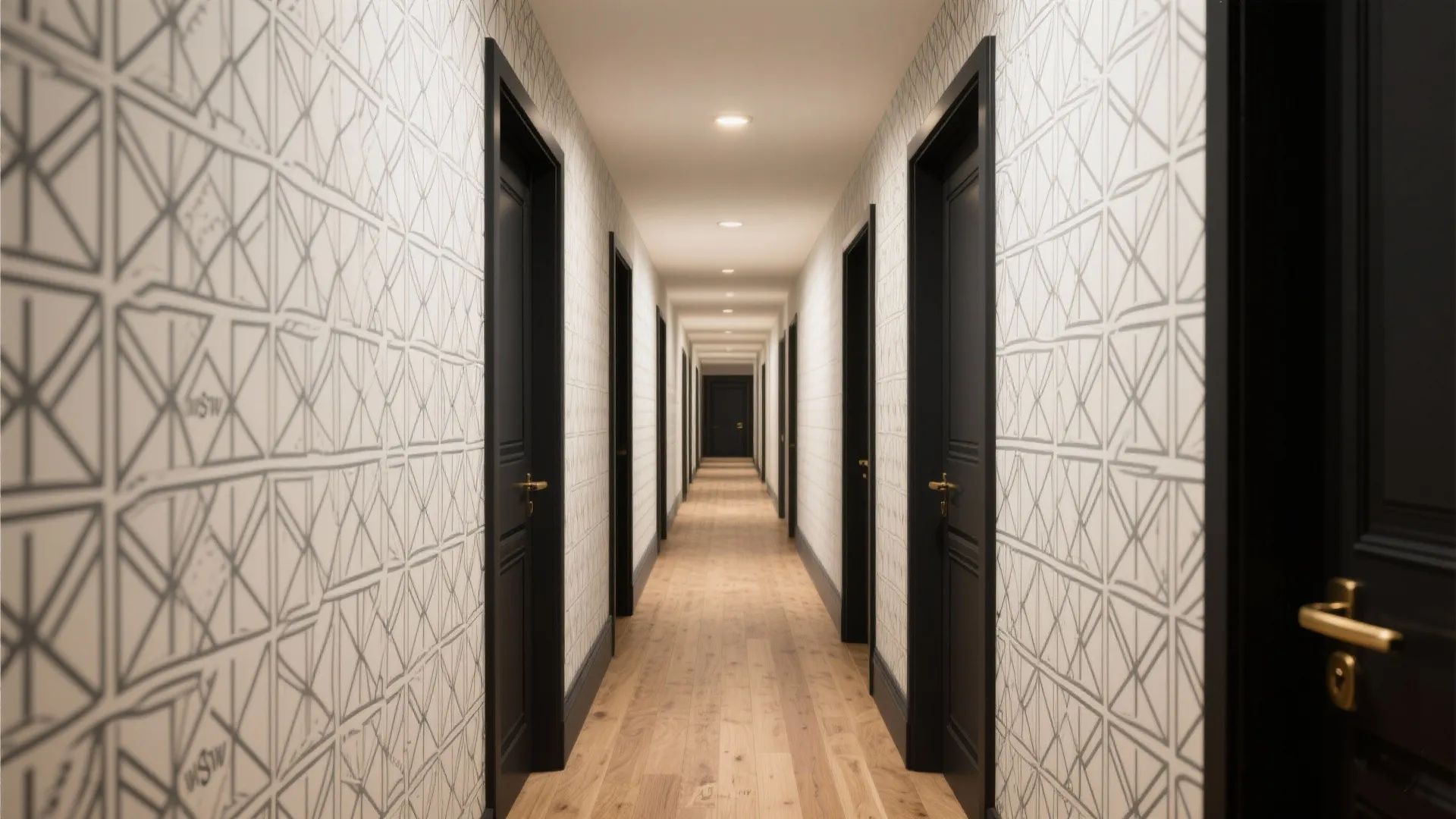 Long narrow hallway featuring black doors white geometric wallpaper wooden flooring and small recessed ceiling lights