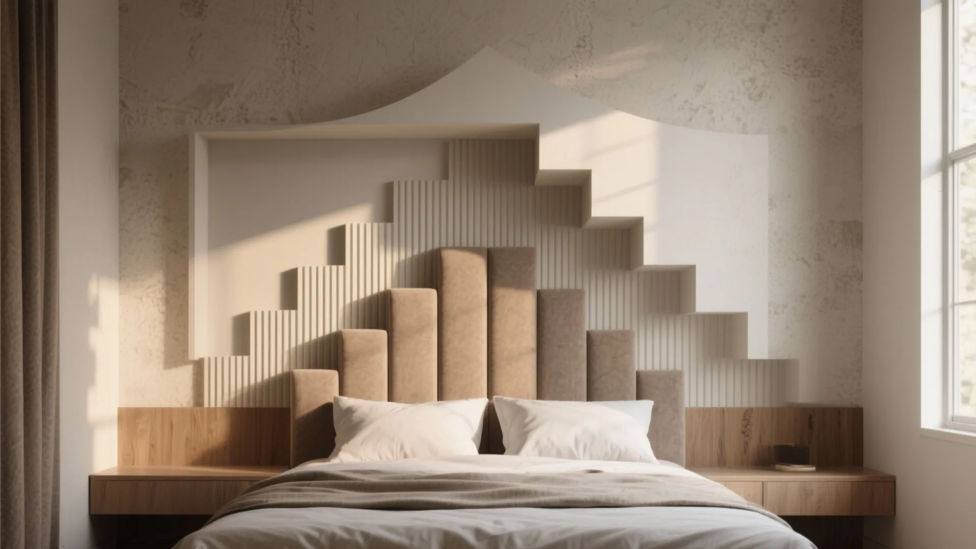 Bold geometric headboard and wall treatments