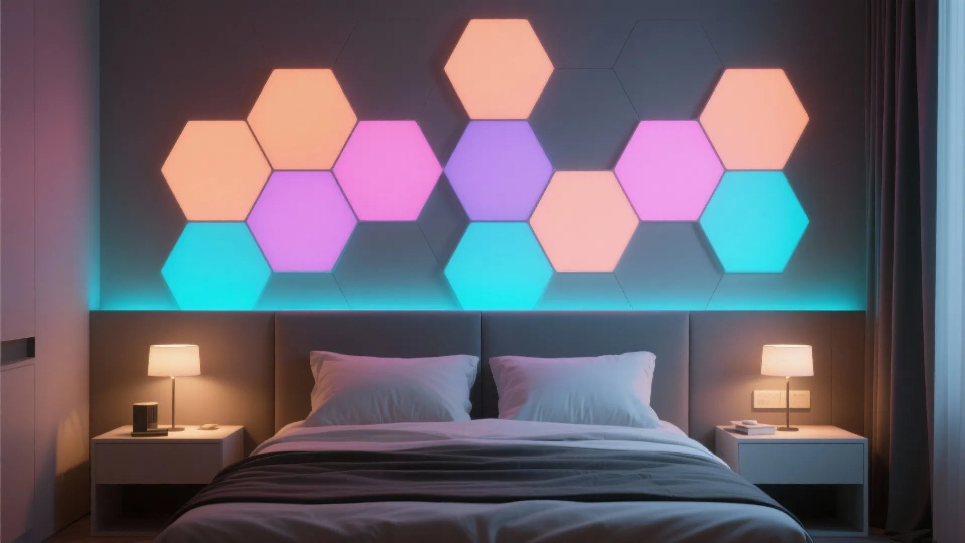 Bedroom with staggered hexagon LED panels acting as a geometric headboard with adjustable lighting