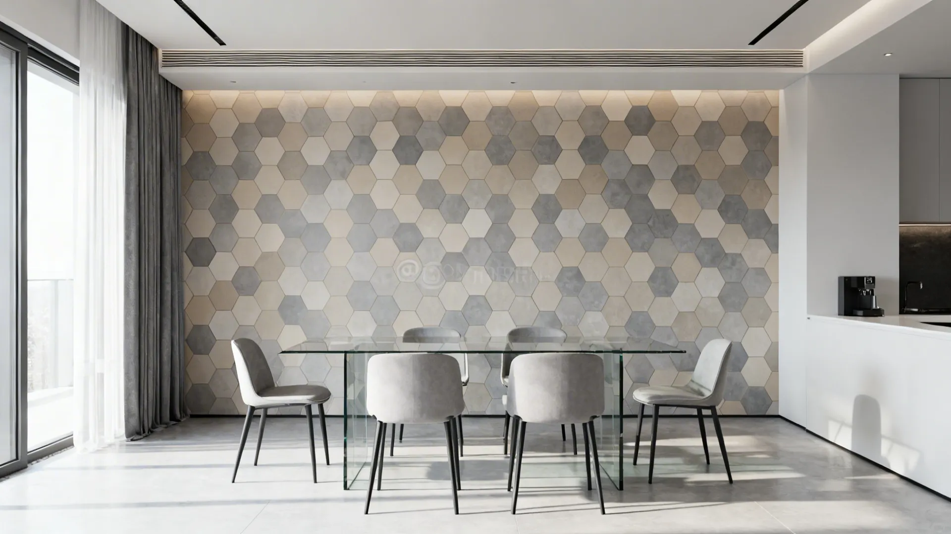 Modern dining area with subtle hexagon geometric wallpaper and glass table.