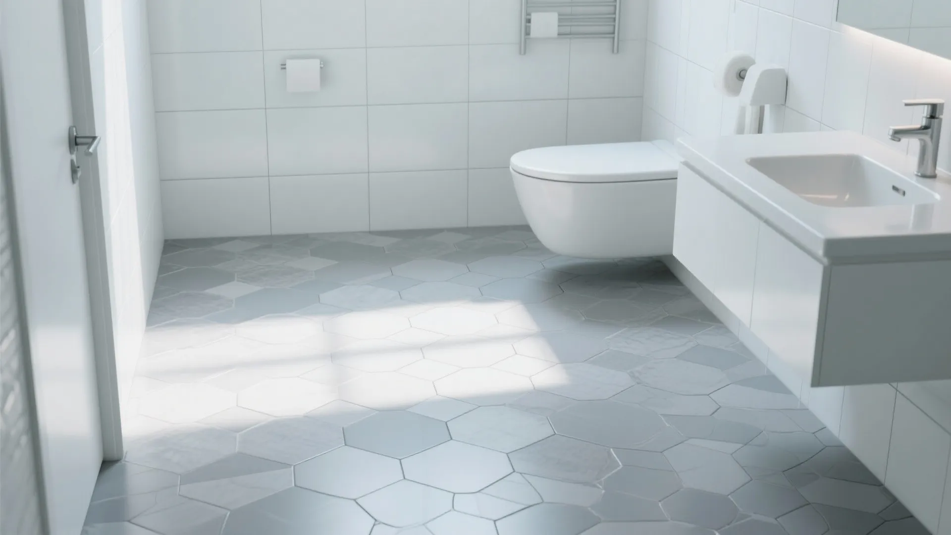 Modern bathroom featuring grey hexagonal floor tiles with a white wall mounted toilet and vanity