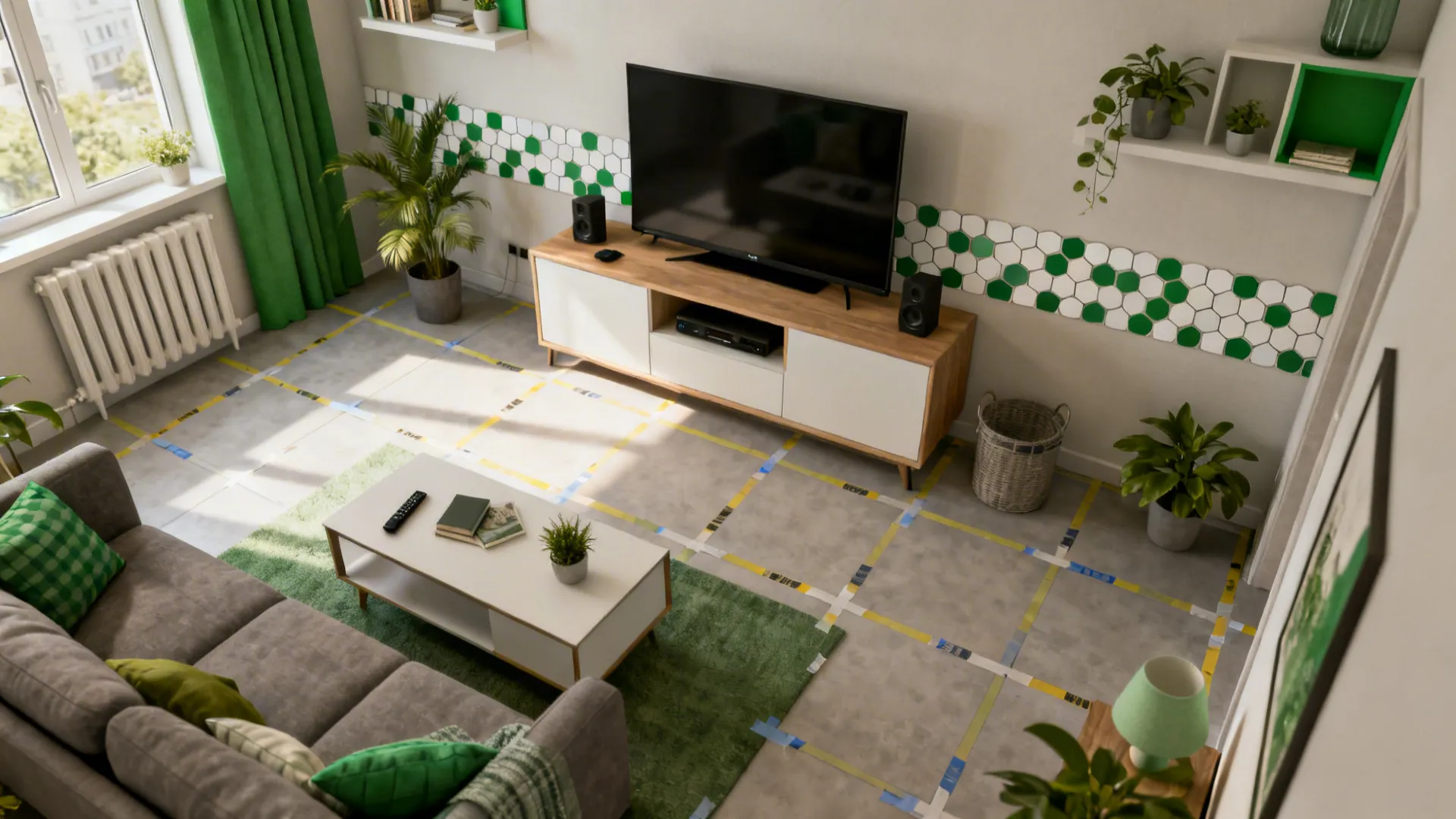 TV wall with a 2-meter band of repeating hexagon stickers simulating tile