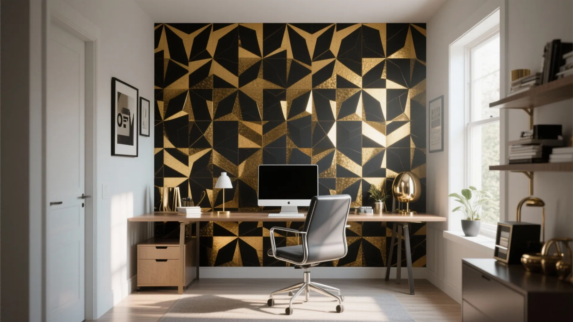 Home office with black gold geometric wall paper wooden desk computer chair and wall shelves