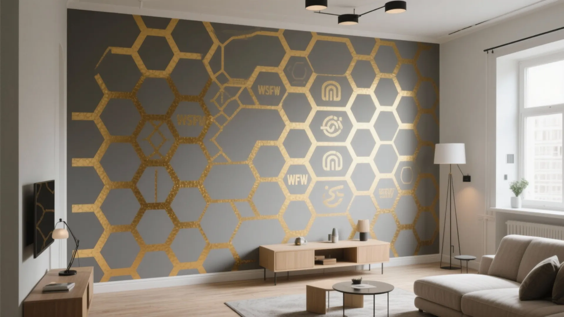 Modern living room with gold honeycomb wall pattern grey walls sofa floor lamp and cabinet