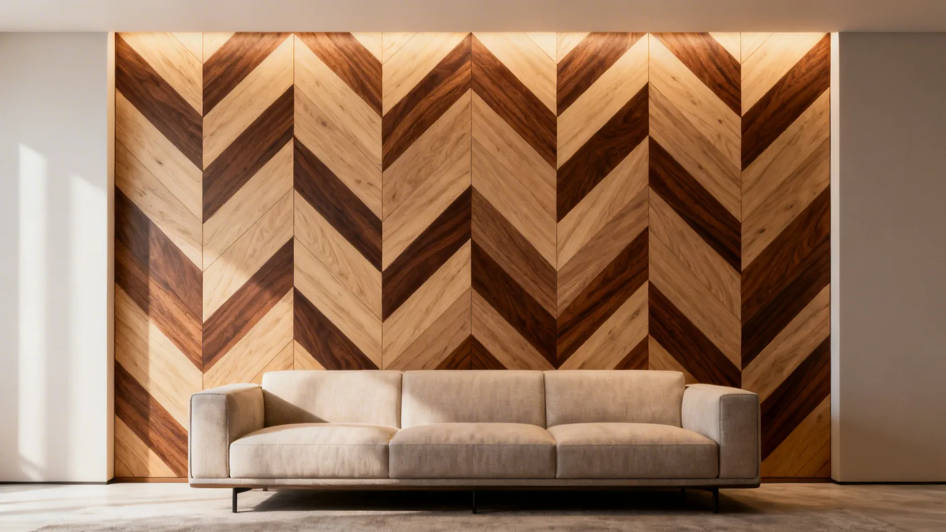 Chevron wood inlay panel behind sofa with crisp engineered veneer pattern.