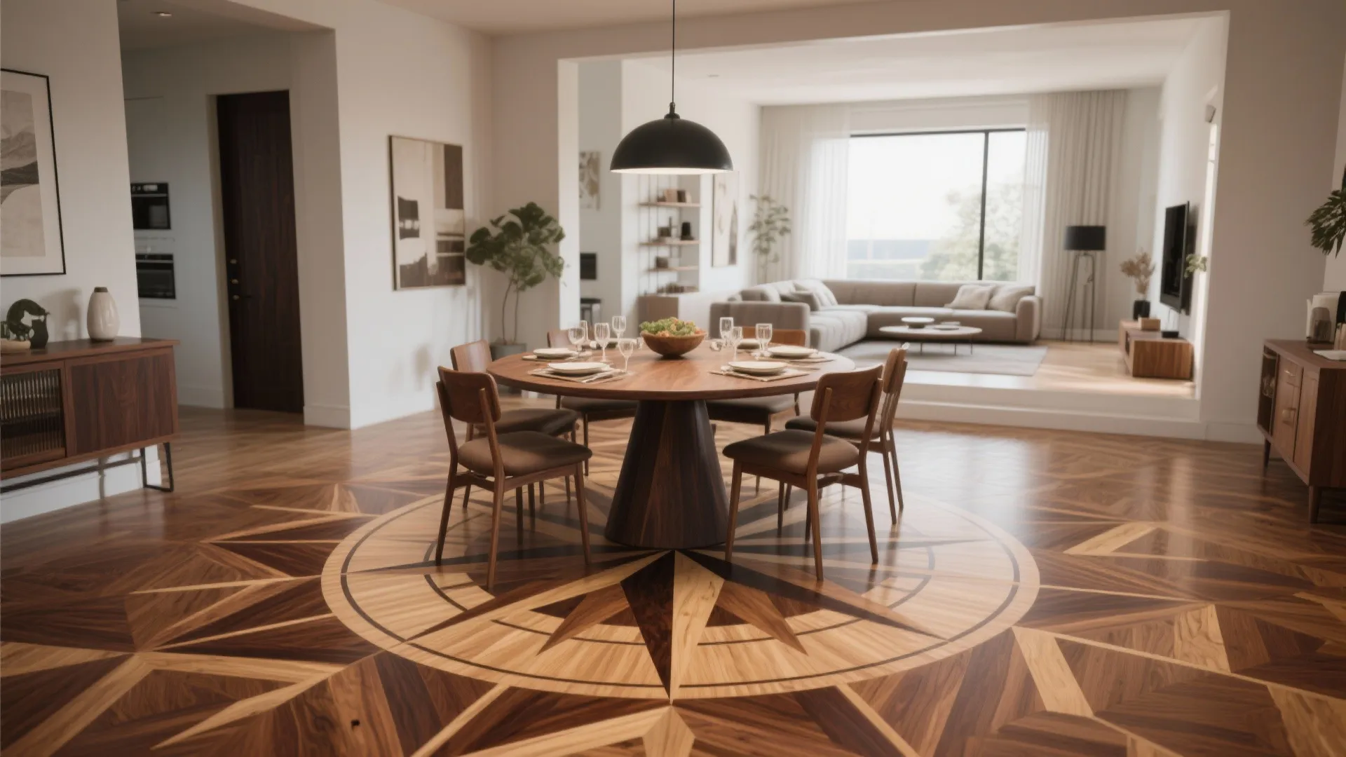 Dining area featuring round wooden table over decorative star pattern wood floor with living room